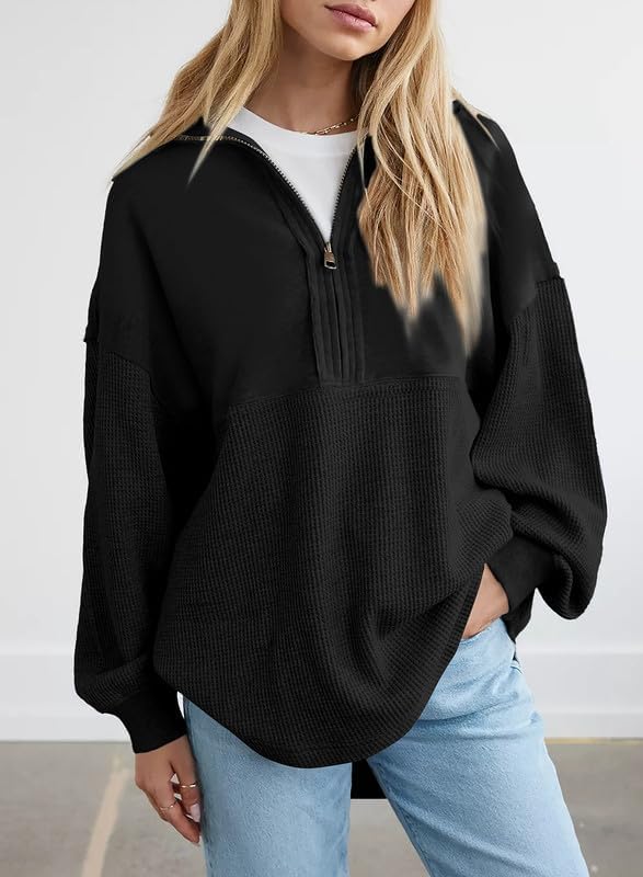SHEWIN Women's Casual Waffle Knit Half Zip Pullover Sweatshirt - Loose Fit Long Sleeve Top for Fall & Winter Outfits 2024 | Cozy Lounge Wear, Office Casual, Weekend Errands