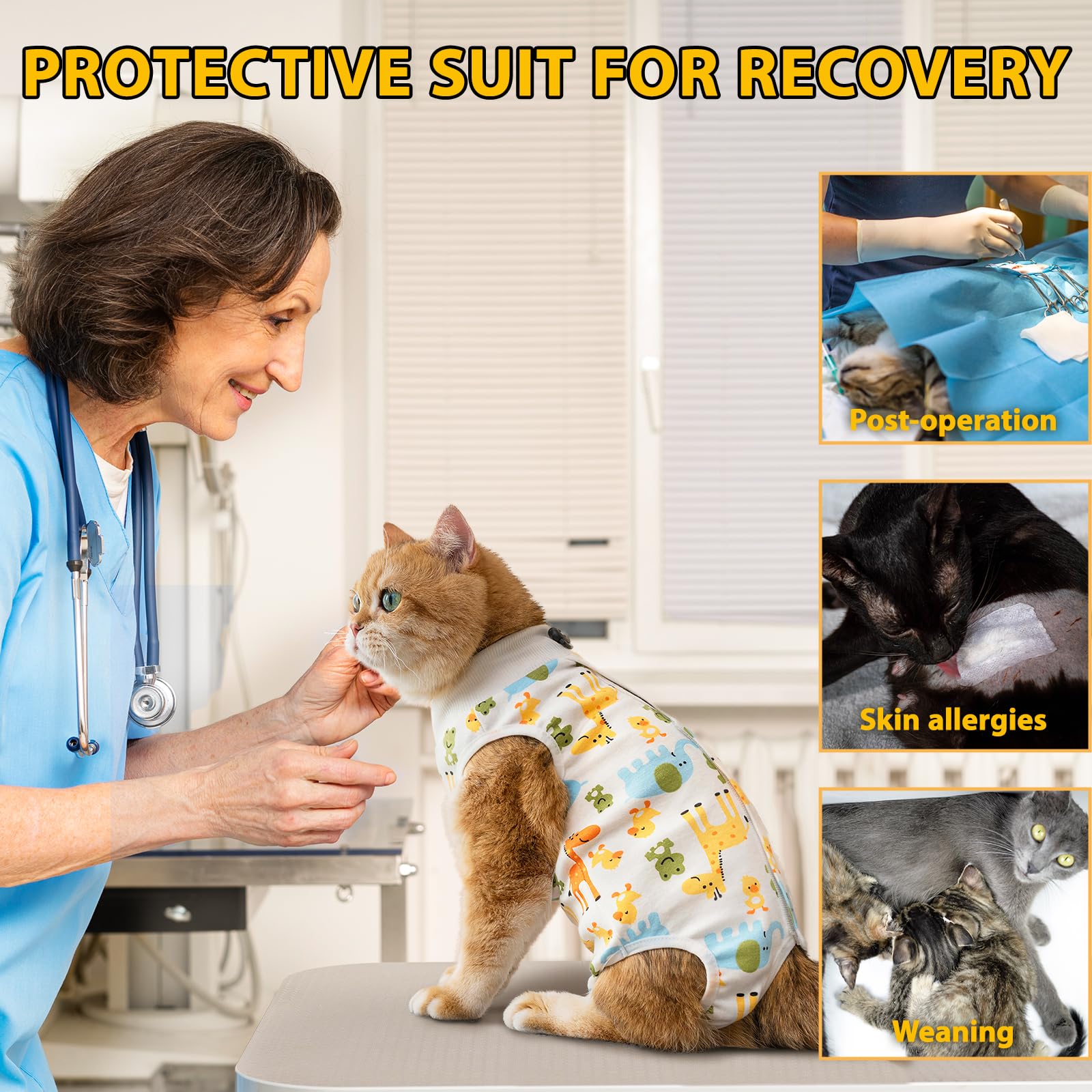 Post-Surgery Cat Recovery Suit for Female & Male Cats - Soft, Breathable Onesie to Prevent Licking Wounds - Alternative to Cone Collar (Size L, Giraffe Print) - Ideal for Spay/Neuter Recovery & Abdominal Surgery Aftercare