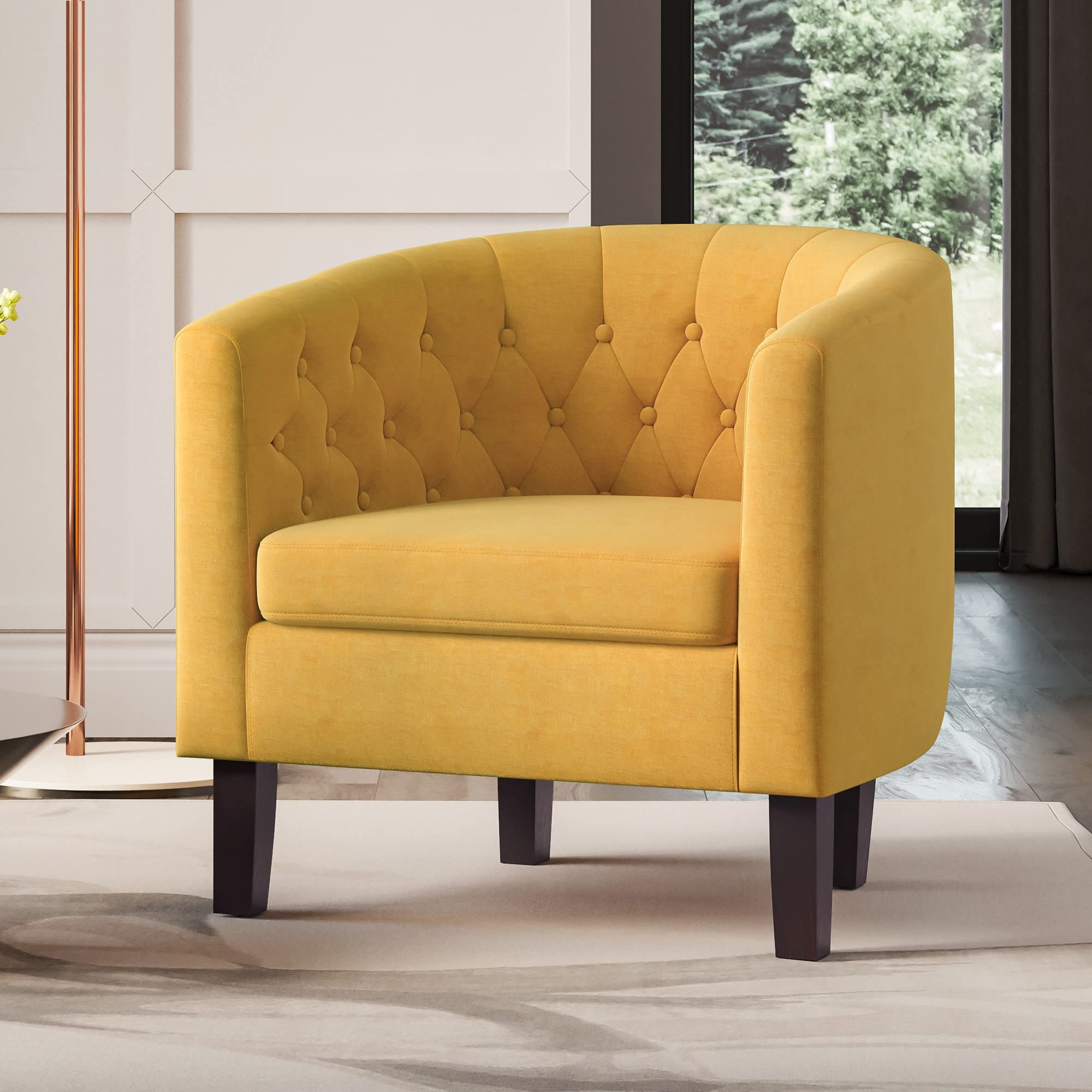 Elegant Yellow Tufted Barrel Chair for Living Room & Bedroom - Linen Fabric