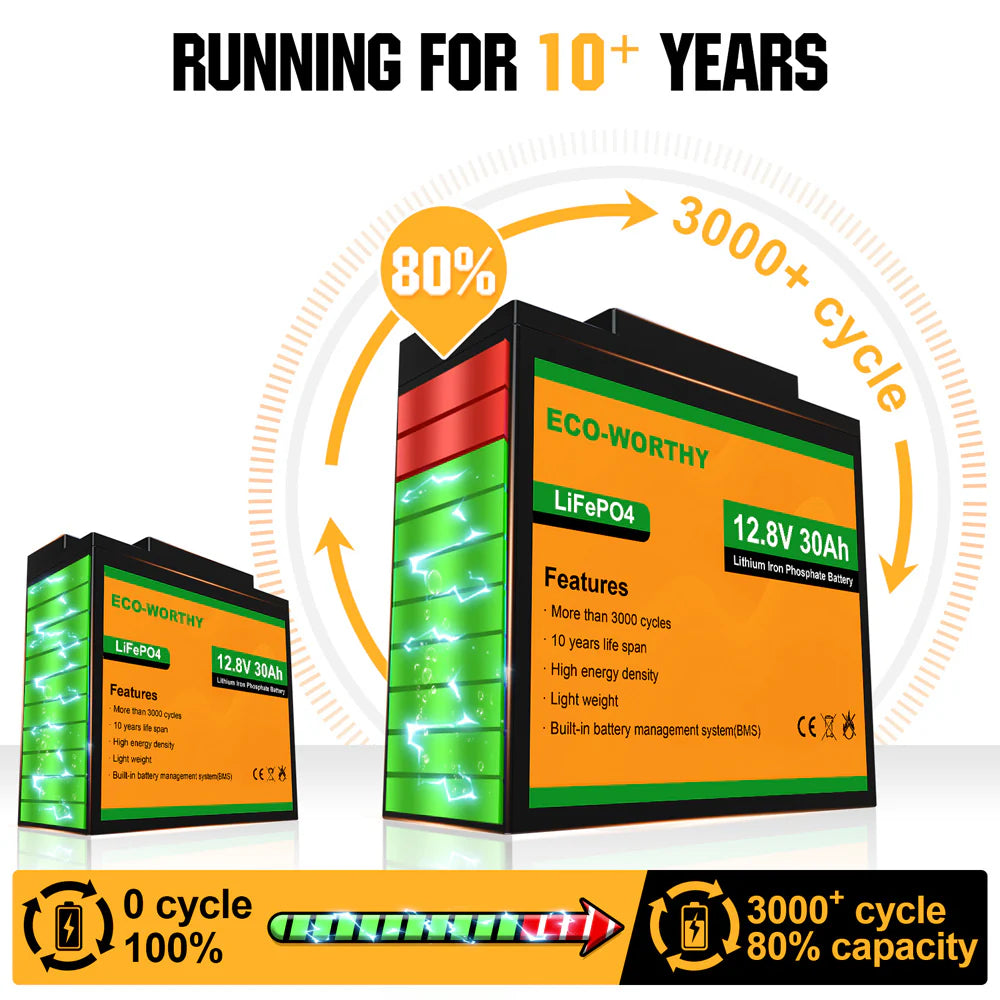 ECO WORTHY 12V 10Ah 30Ah LiFePO4 Lithium Iron Phosphate Battery - Rechargeable Deep Cycle Battery for Solar Power, RV, Marine, and Off-Grid Applications