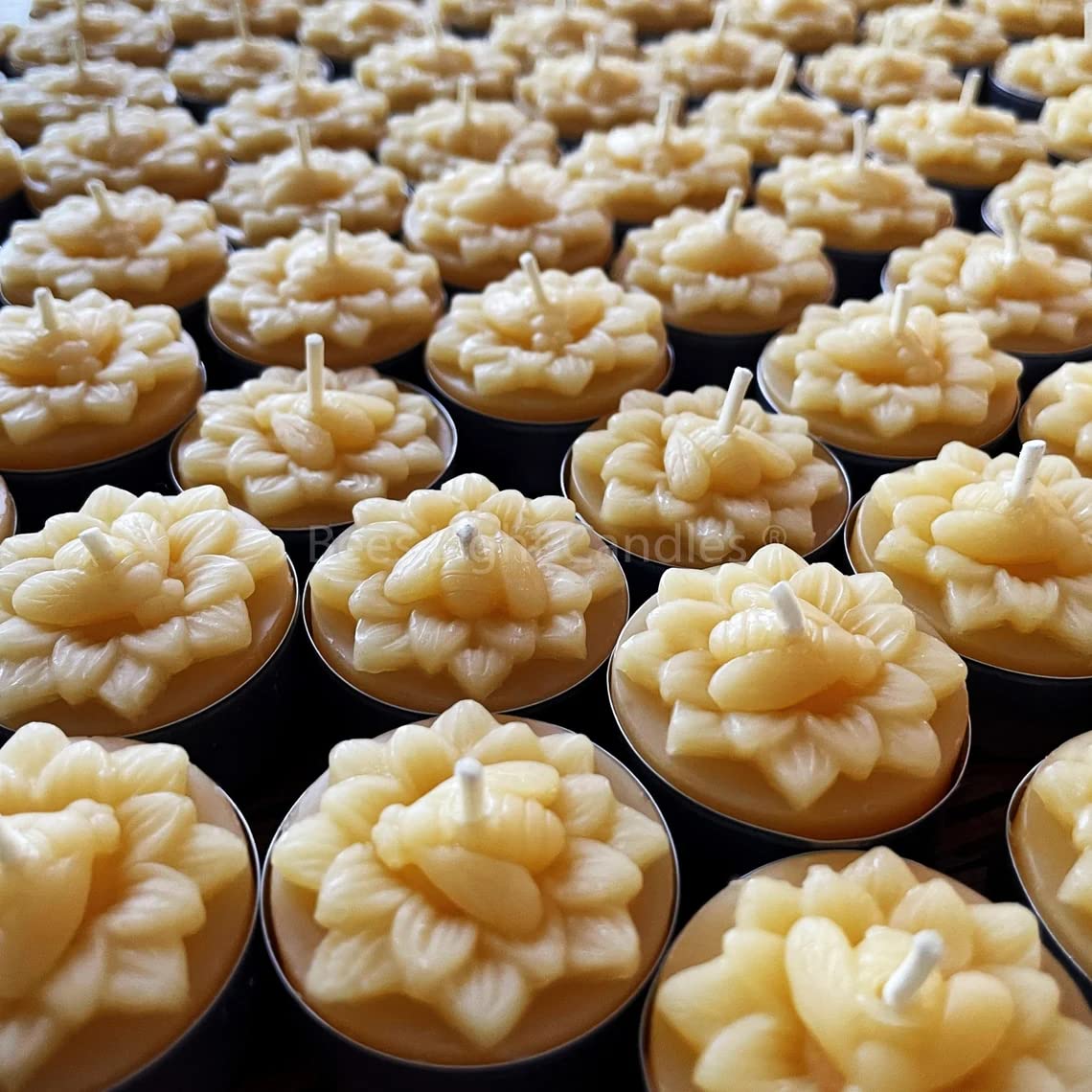 Natural Beeswax Tealight Candles with Honeybee Flower Design - 200 Pack Bulk All-Natural Beeswax Tea Lights for Home Decor, Wedding Centerpieces, Aromatherapy & Relaxation
