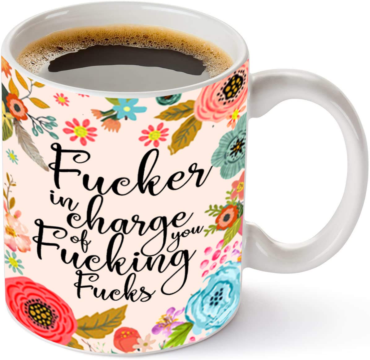 Funny Boss Coffee Mug - 11Oz Floral Design with Sarcastic 'Fucker In Charge' Quote - Unique Birthday & Christmas Gift for Coworkers, Friends, Women | Office Humor, White Elephant Gifts, Secret Santa Present