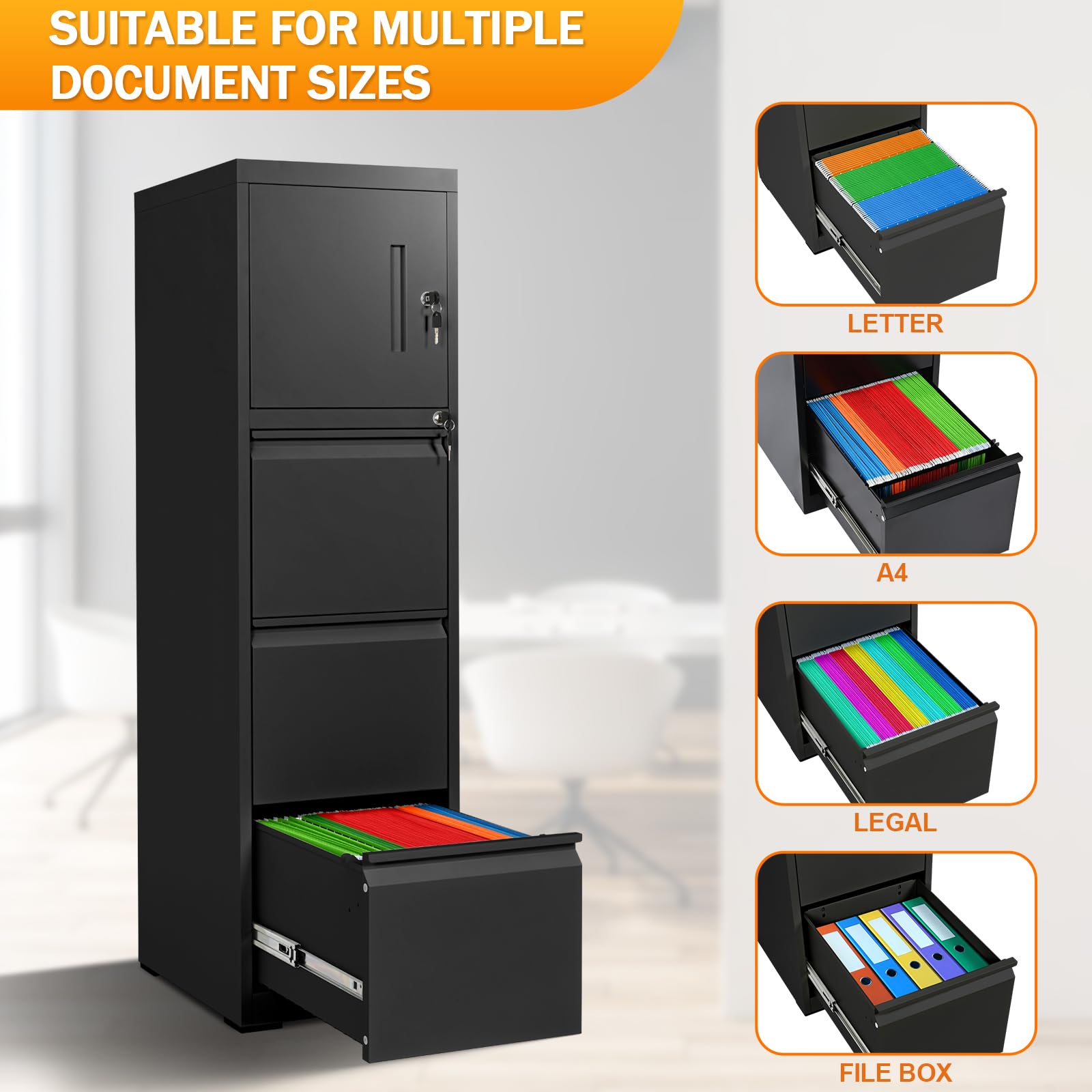 3-Drawer Metal File Cabinet with Locking Door - Secure Vertical Storage for Letter, Legal & A4 Folders - Anti-Tip Design for Home Office Organization - Easy Assembly Black Filing Cabinet for Documents & Records