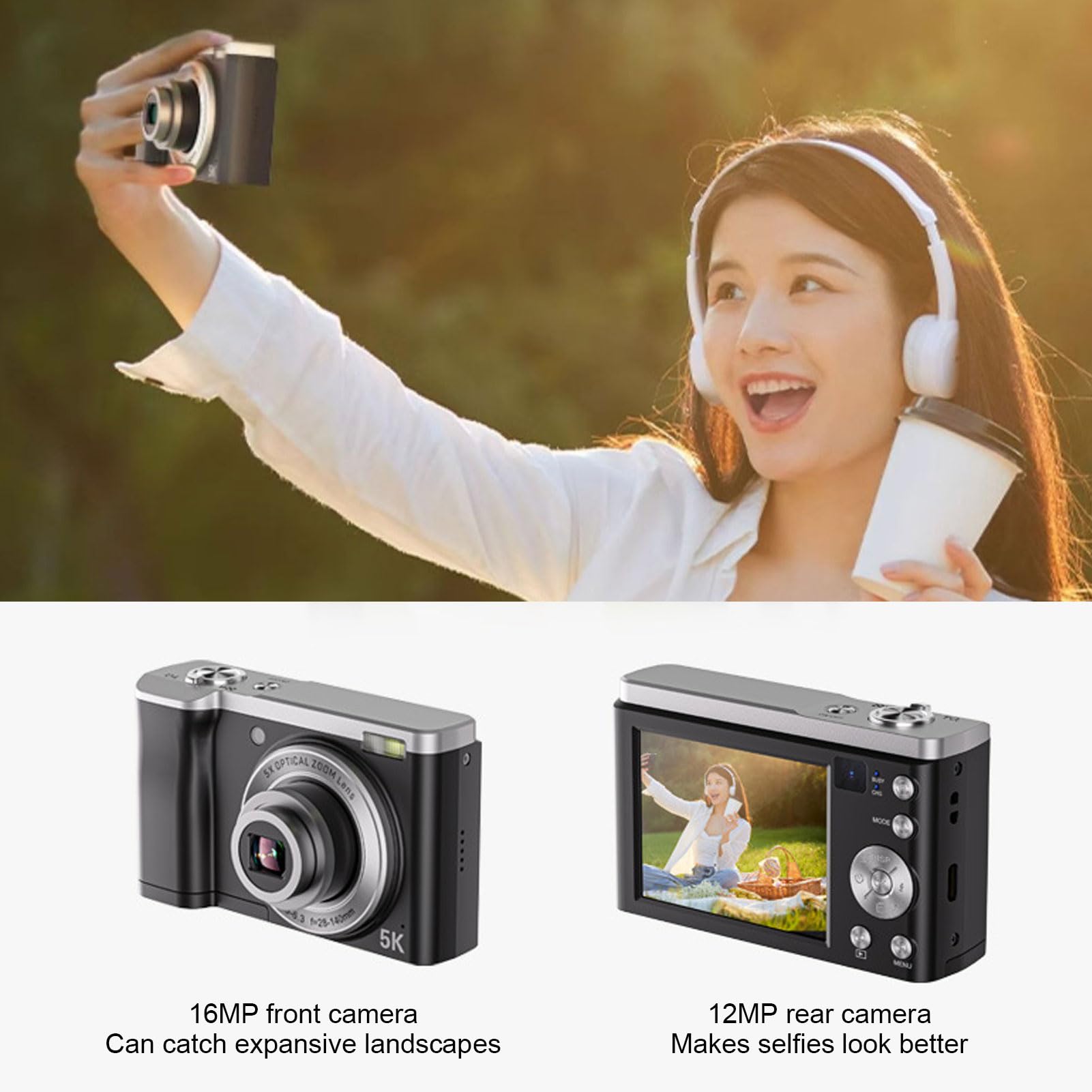 5K Digital Camera 16MP + 12MP Vlogging Camera with 10x Optical Zoom | Autofocus Anti-Shake Compact Travel Video Camera with Flash & 2.8