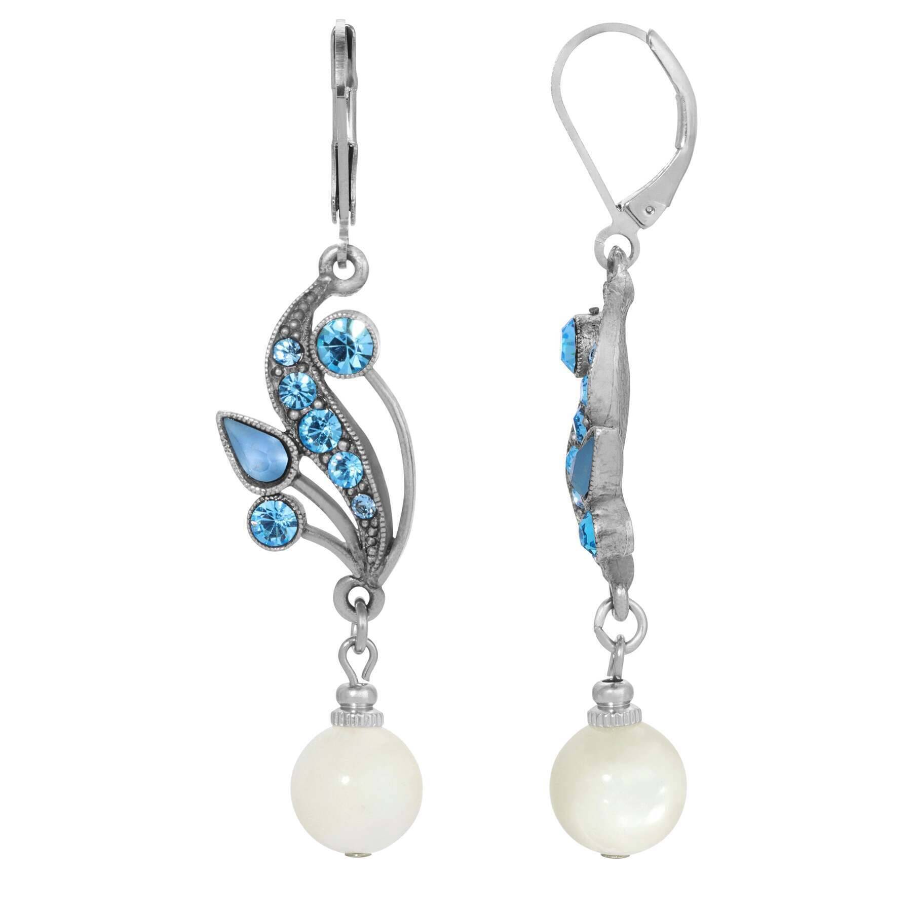 1928 Jewelry Aquamarine Crystal Mother of Pearl Drop Earrings - Elegant Dangling Earrings for Women, Perfect for Weddings, Parties & Special Occasions