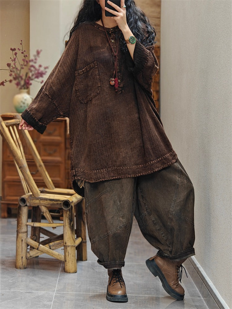 Loose Batwing Sleeve Cotton Tunic Blouse for Women - Casual Long Sleeve Flowy Top for Boho Style, Work & Everyday Wear