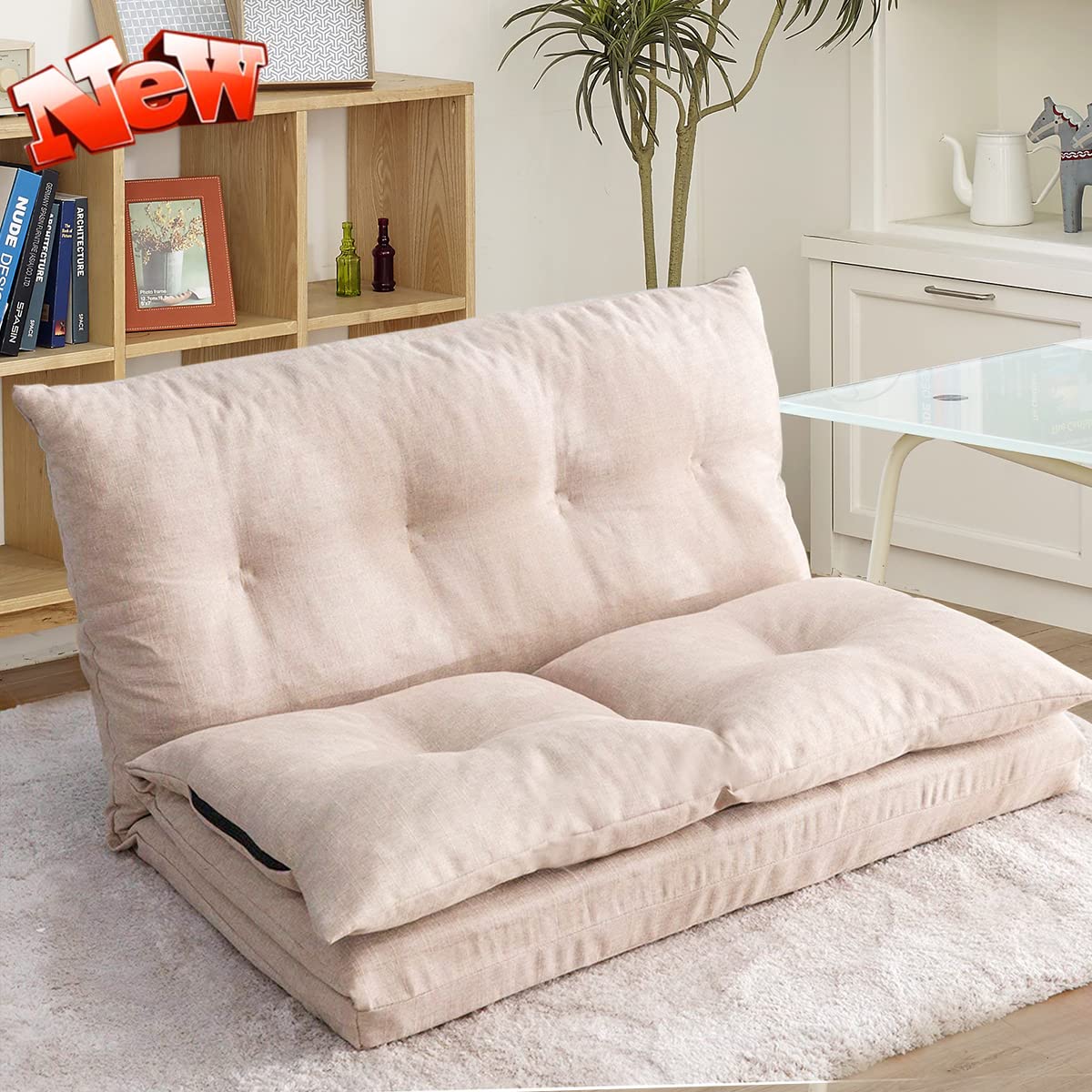 Adjustable Fabric Floor Couch Lounge - 5 Reclining Positions, Foldable Japanese Futon Sofa Bed, Tatami Style Floor Mattress for Sitting, Sleeping, Napping & Play (Beige) - Perfect for Small Spaces, Guest Rooms, Dorms & Cozy Living Rooms