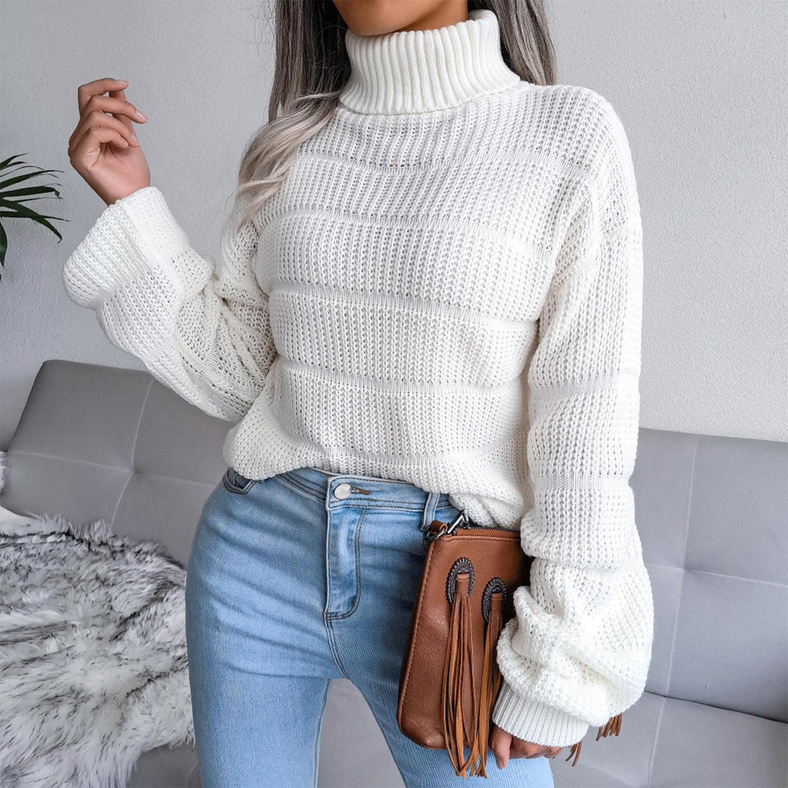 Women's Oversized Turtleneck Sweater - Soft Waffle Knit Long Sleeve Pullover Tunic Top for Fall & Winter | Cozy Casual Wear, Office Outfit, Holiday Fashion