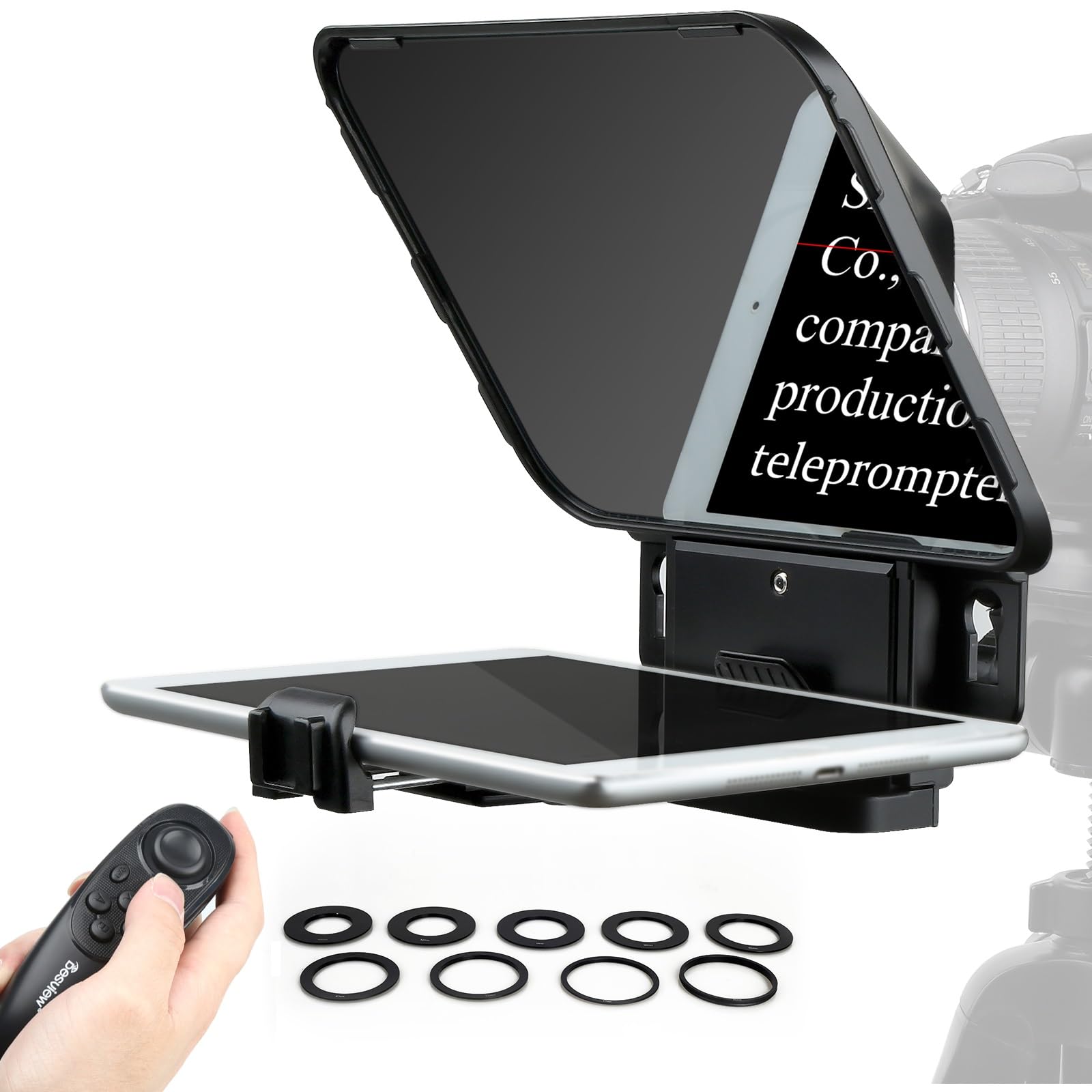 Desview T3 Portable Teleprompter for iPad, Tablet & iPhone (Up to 11 Inch) - HD 70/30 Beam Splitter Glass with Remote Control for DSLR Camera & Smartphone Video Recording (Includes 9 Lens Adapter Rings) - Perfect for YouTube Videos, Live Streaming & Professional Presentations