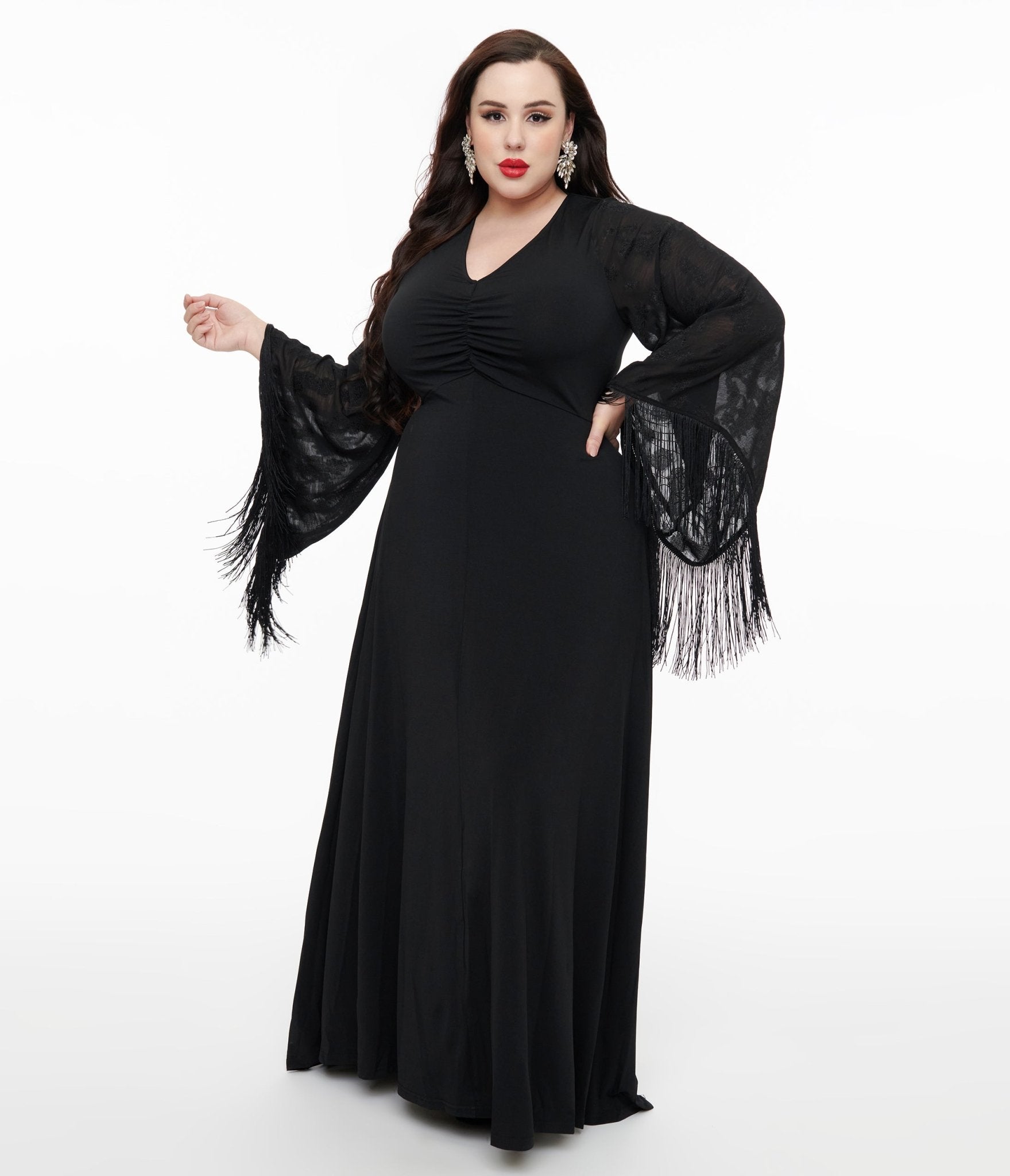 Smak Parlour Plus Size 1970s Vintage Black Floral Fringe Sleeve Stevie Maxi Dress for Women | Retro Boho Hippie Party Outfit | Perfect for Music Festivals, Concerts & Summer Events