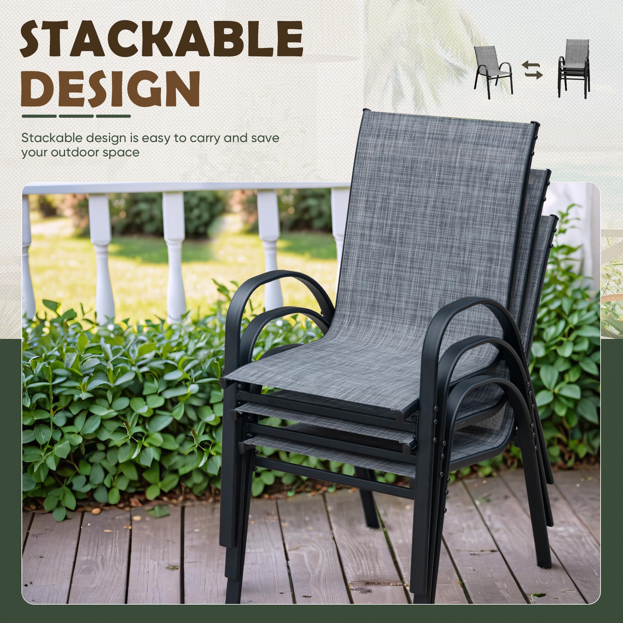 **Flamaker 4-Piece Stackable Patio Dining Chairs Set - Metal & Teslin Outdoor Chairs for Lawn, Deck, Balcony, Porch (Grey) - Perfect for Backyard BBQs, Poolside Relaxation & Garden Gatherings**