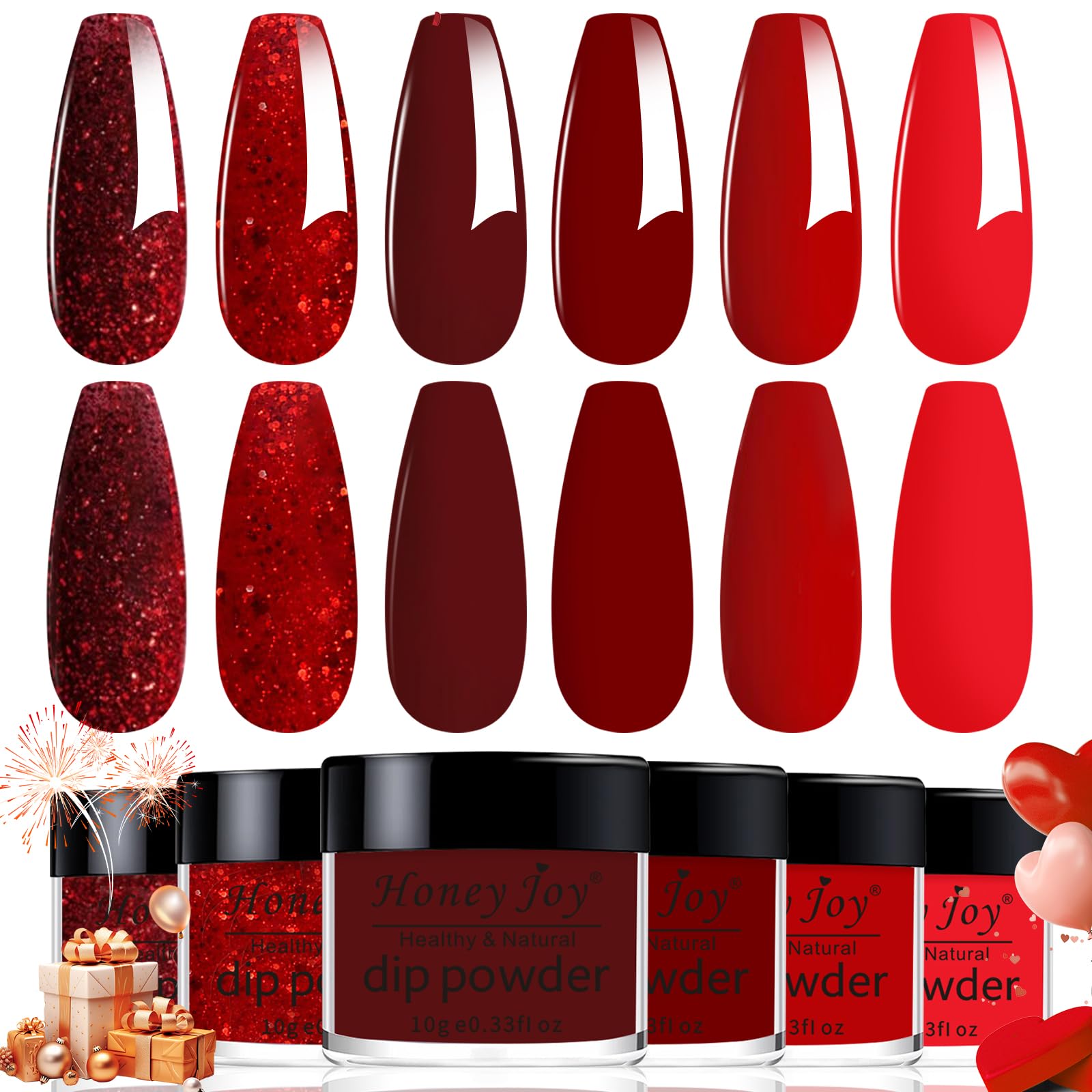 Honey Joy 6 Colors Classic Red Glitter Dipping Powder Set for Nails - No UV Lamp Needed, DIY Nail Art Kit for Salon & Home Manicure | Perfect Gift for Women, Dip Powder Nail Supplies (DP-T) | Great for Parties, Weddings, Holidays & Everyday Nail Care