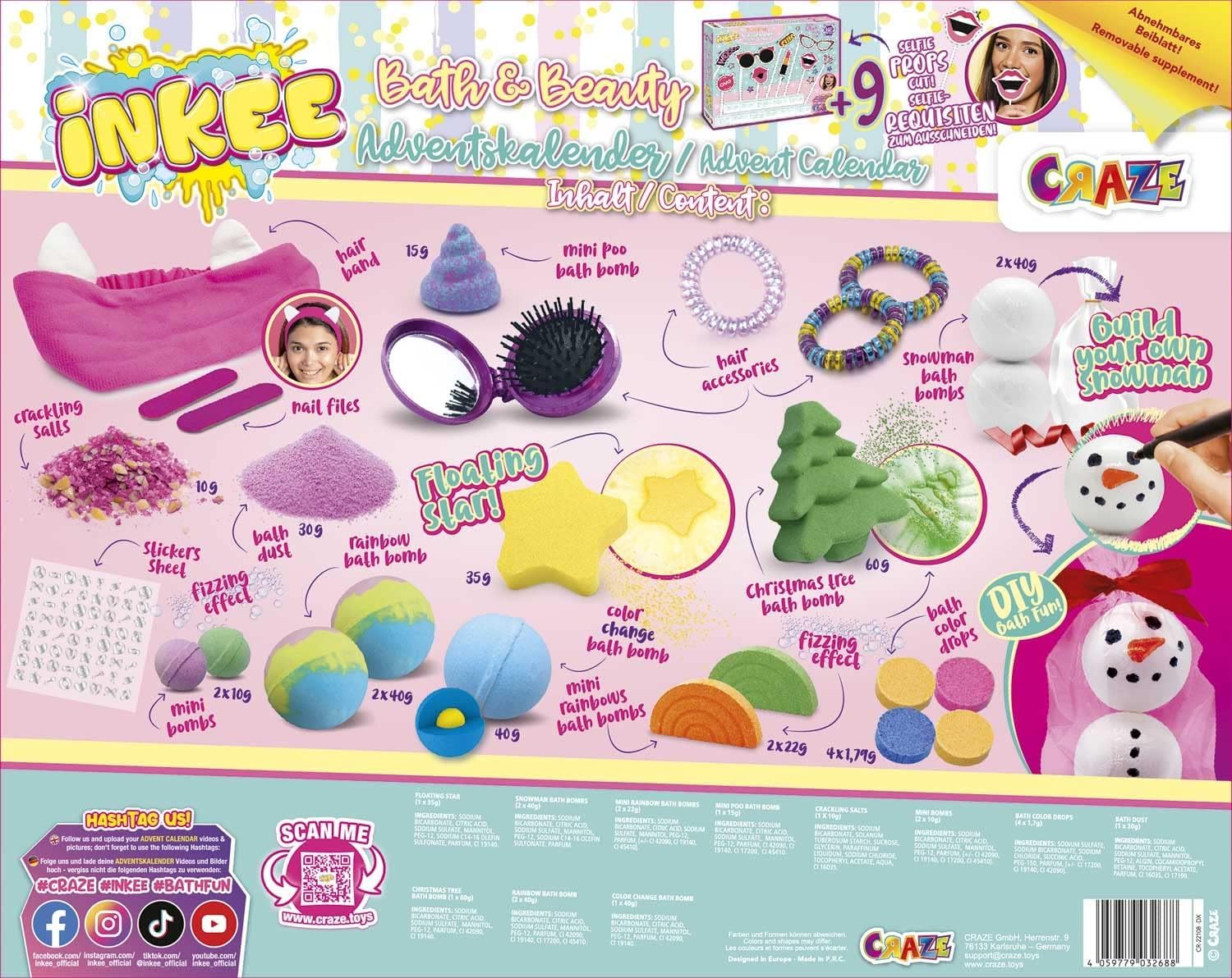 INKEE Advent Calendar with Toys for Kids - Christmas Countdown with Bath Bombs & Hair Accessories - Perfect Gift for Boys & Girls - Fun Holiday Surprises for December