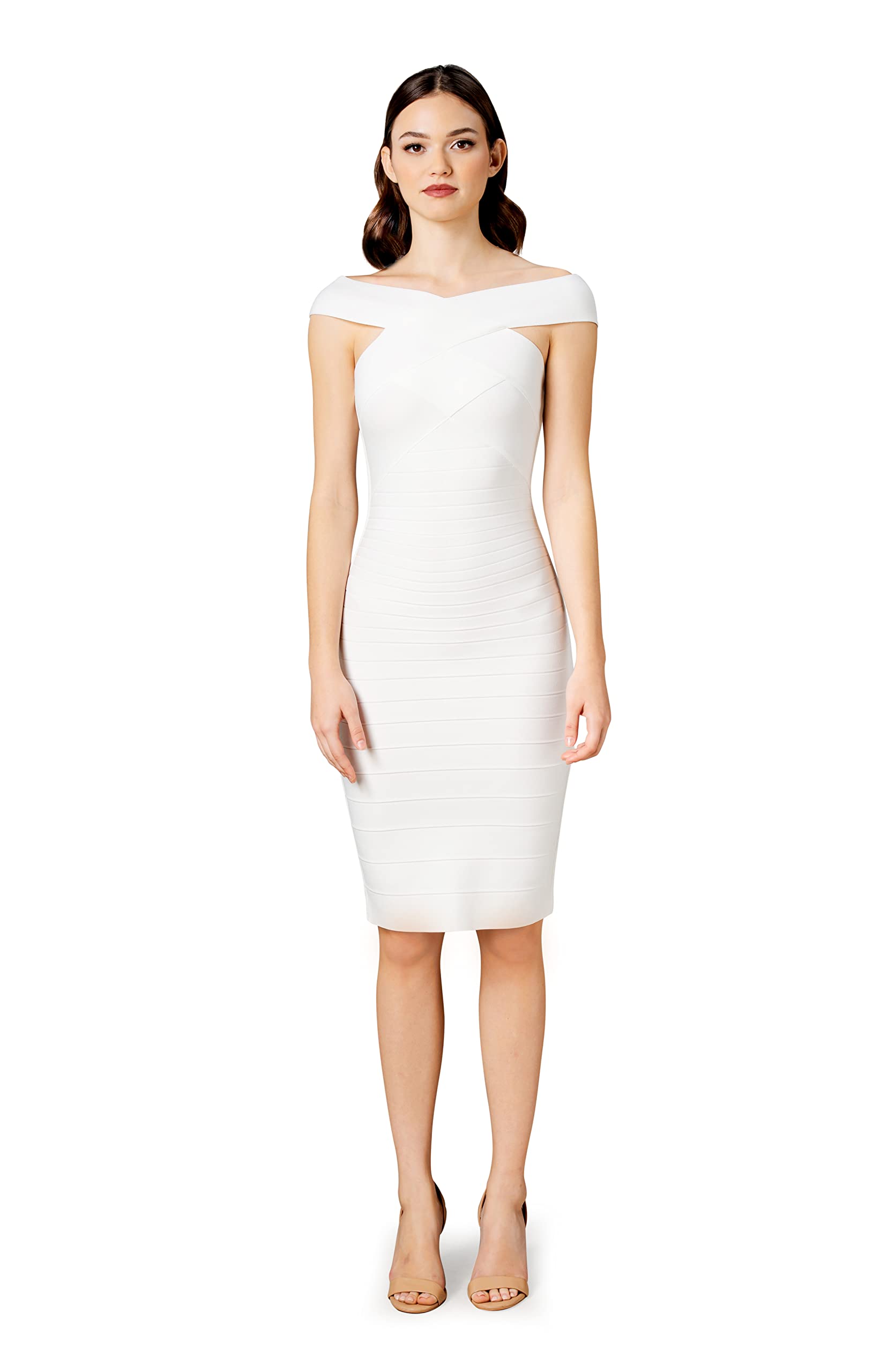 Dress the Population Women's Maia Off Shoulder Low Neck Above Knee Bodycon Dress - Perfect for Cocktail Parties, Date Nights & Special Occasions