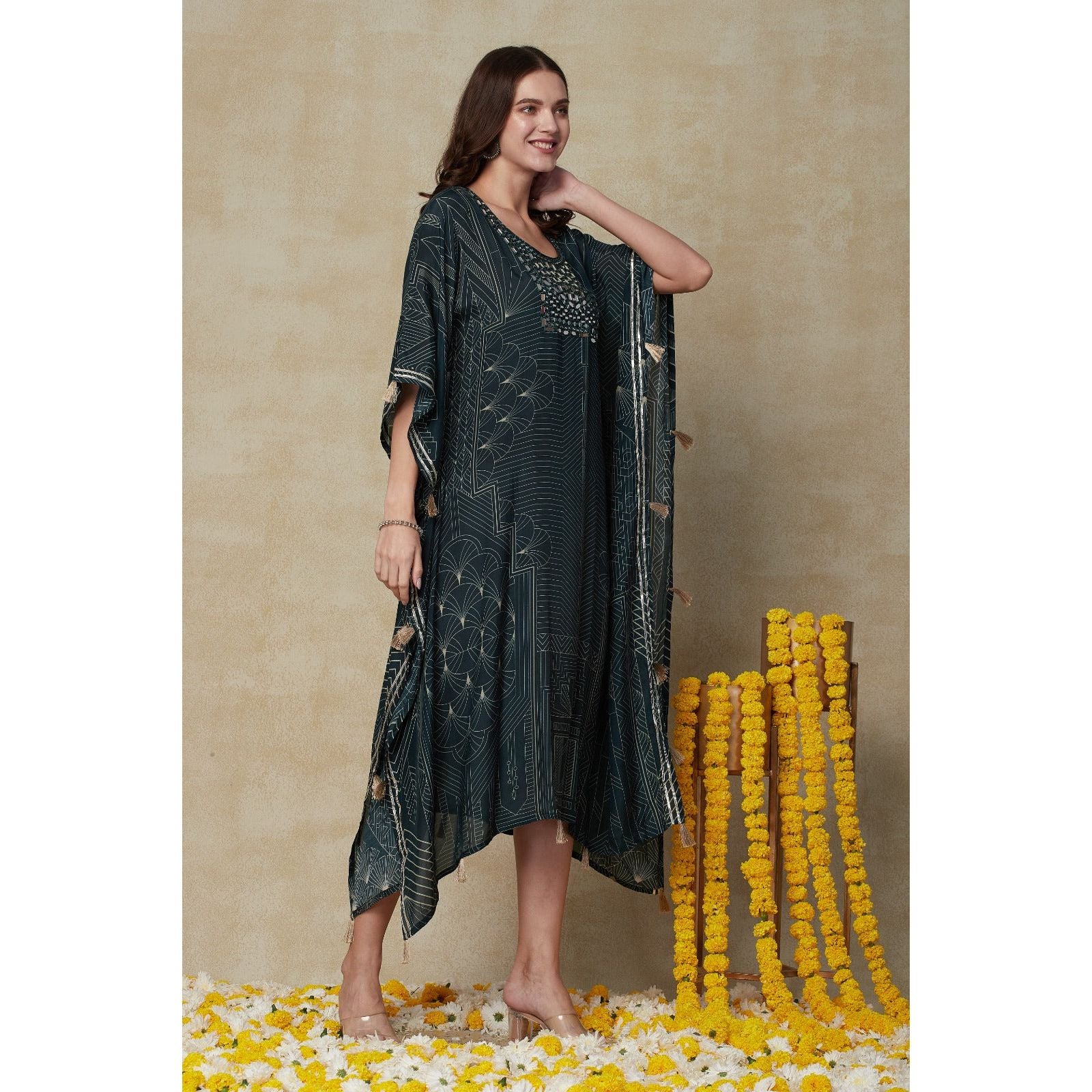Elegant Dark Green Kaftan Dress with Yolk Embroidery - Boho Chic Loose Maxi Dress for Beach, Vacation & Summer Outfits