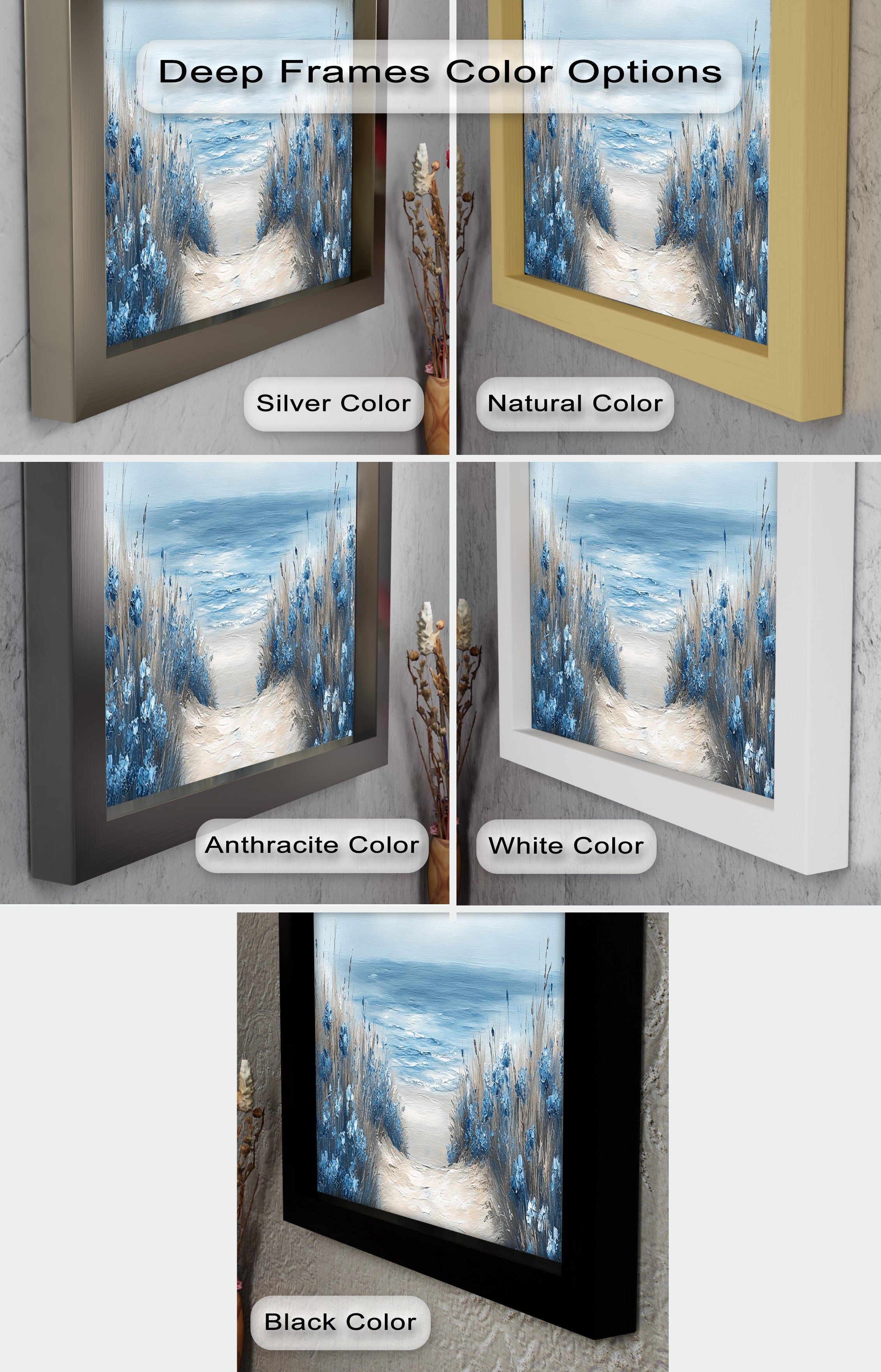 Blue Floral Beach Landscape Realism Oil Painting - Handmade Canvas Wall Art for Living Room, Bedroom & Office Decor