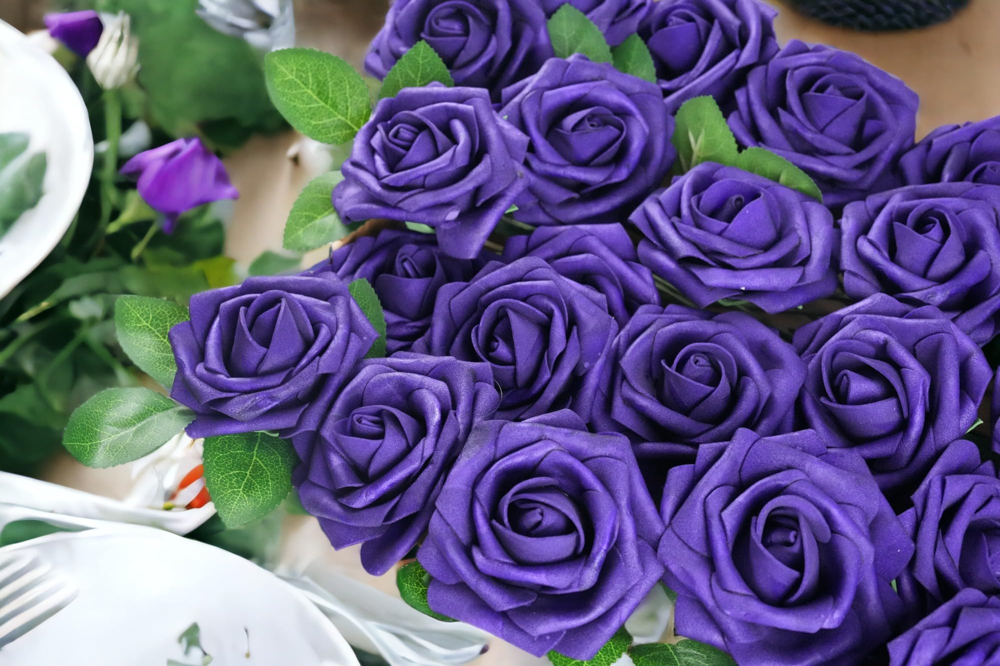 25pcs Realistic Purple Foam Artificial Roses with Stems - DIY Wedding Bouquets, Home Decor, Party Centerpieces, Table Arrangements, Gift Wrapping & Romantic Decorations