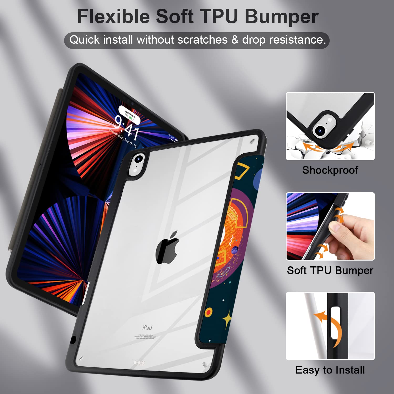 Batianda Shockproof Case for iPad 11 (2025 A16 Chip) & iPad 10th Gen 10.9-inch (2022) - Clear Transparent Back Shell with TPU Bumper, Built-in Pencil Holder, Auto Sleep/Wake | Astronaut Planet Design | Perfect for Work, School & Travel Protection