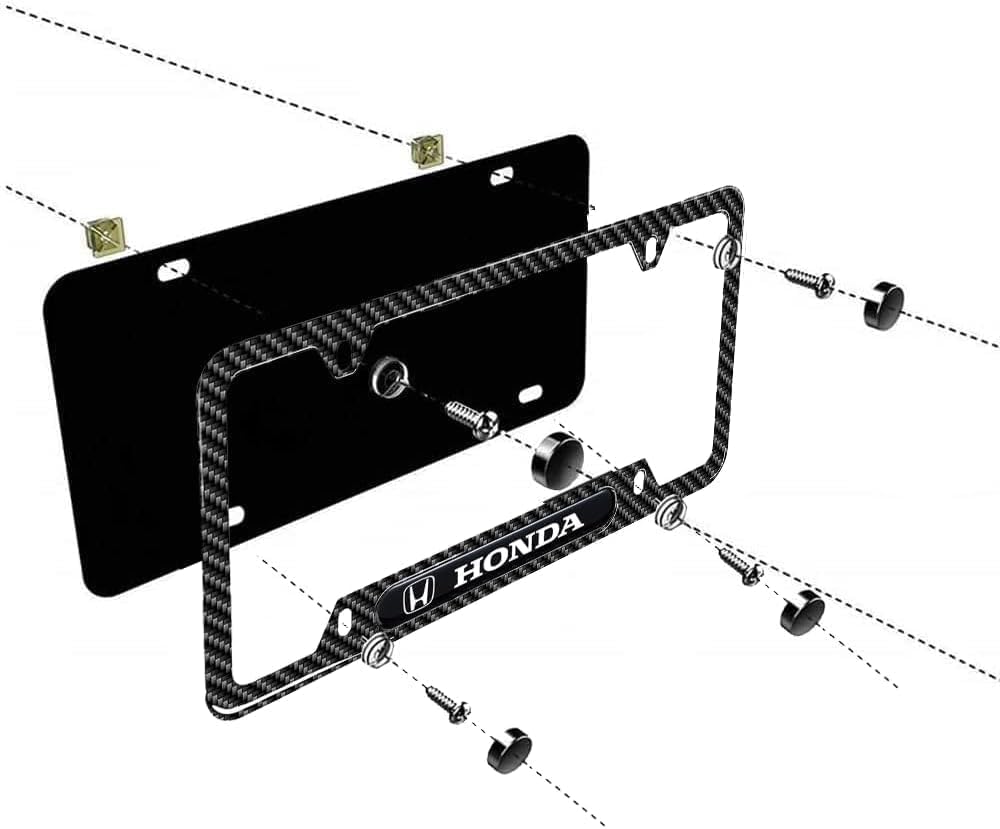 Black Matte Carbon Fiber License Plate Frames for Honda - 2 Pack Durable Aluminum License Plate Holder Fits All Standard US Plates, Rustproof & Weatherproof Car Accessories with Mounting Hardware (Perfect for Honda Civic, Accord, CR-V & Other Models)