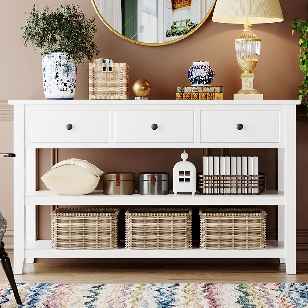 P PURLOVE Farmhouse Console Table with 3 Drawers & 2 Open Shelves - Solid Wood Entryway Sofa Table for Hallway, Living Room, Bedroom - Antique White Finish - Perfect for Home Decor, Small Space Organization & Entry Storage