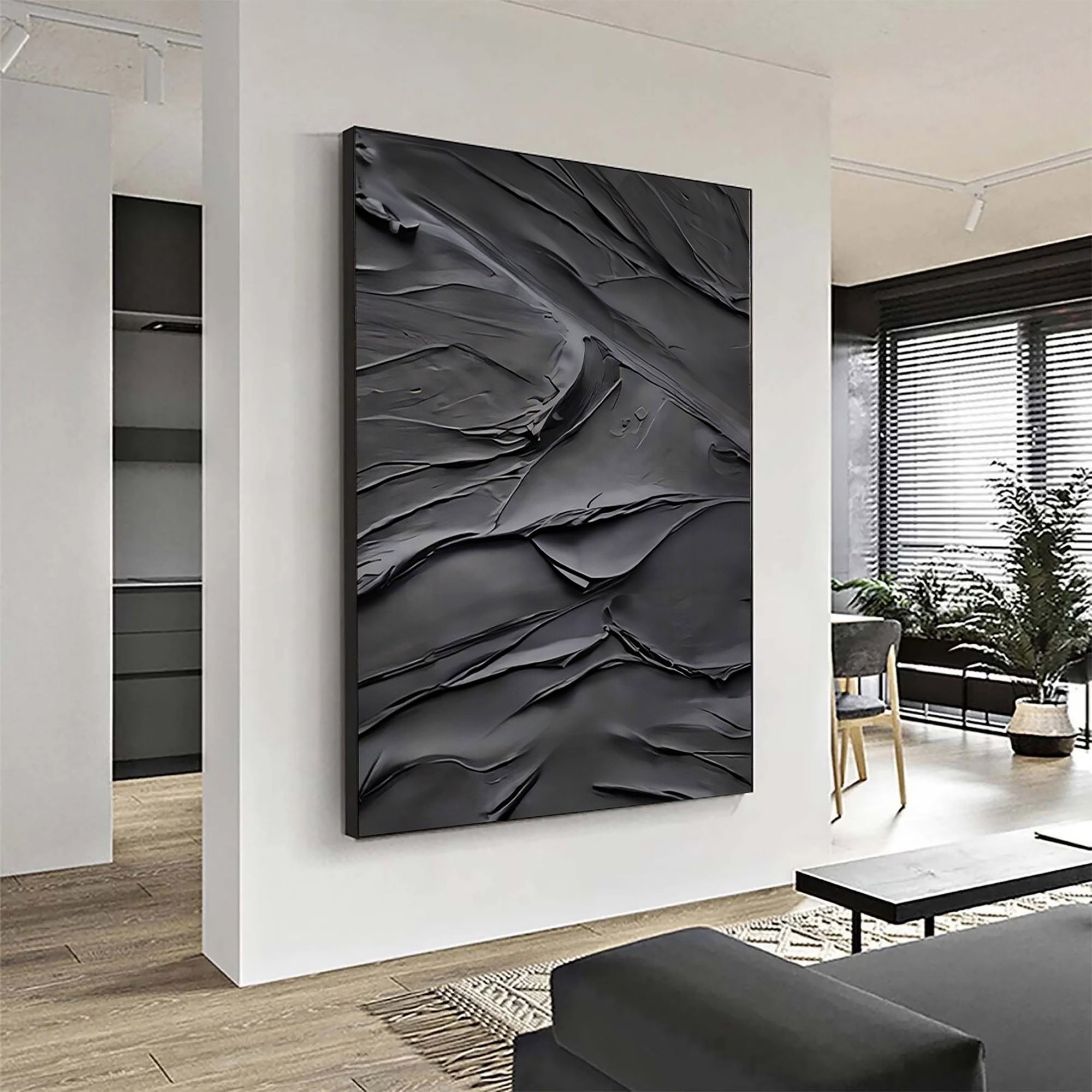 Black Plaster Art Minimalist Textured Painting - Modern Abstract Wall Decor for Living Room, Bedroom & Office | MZ048