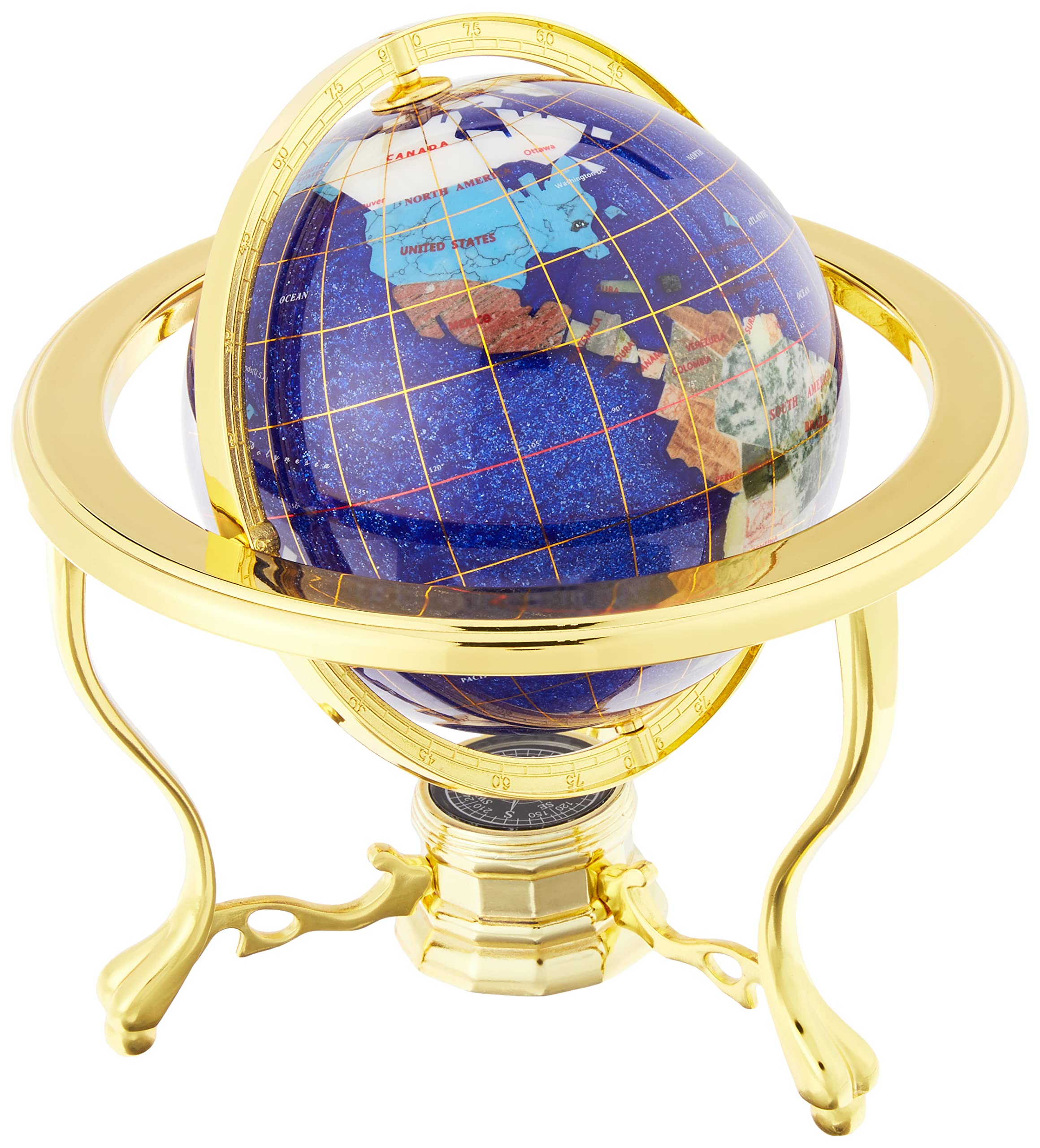 10-Inch Blue Crystallite Ocean Gemstone World Globe with Gold Tripod Stand - Unique Art Tabletop Decor for Home, Office & Gift Giving