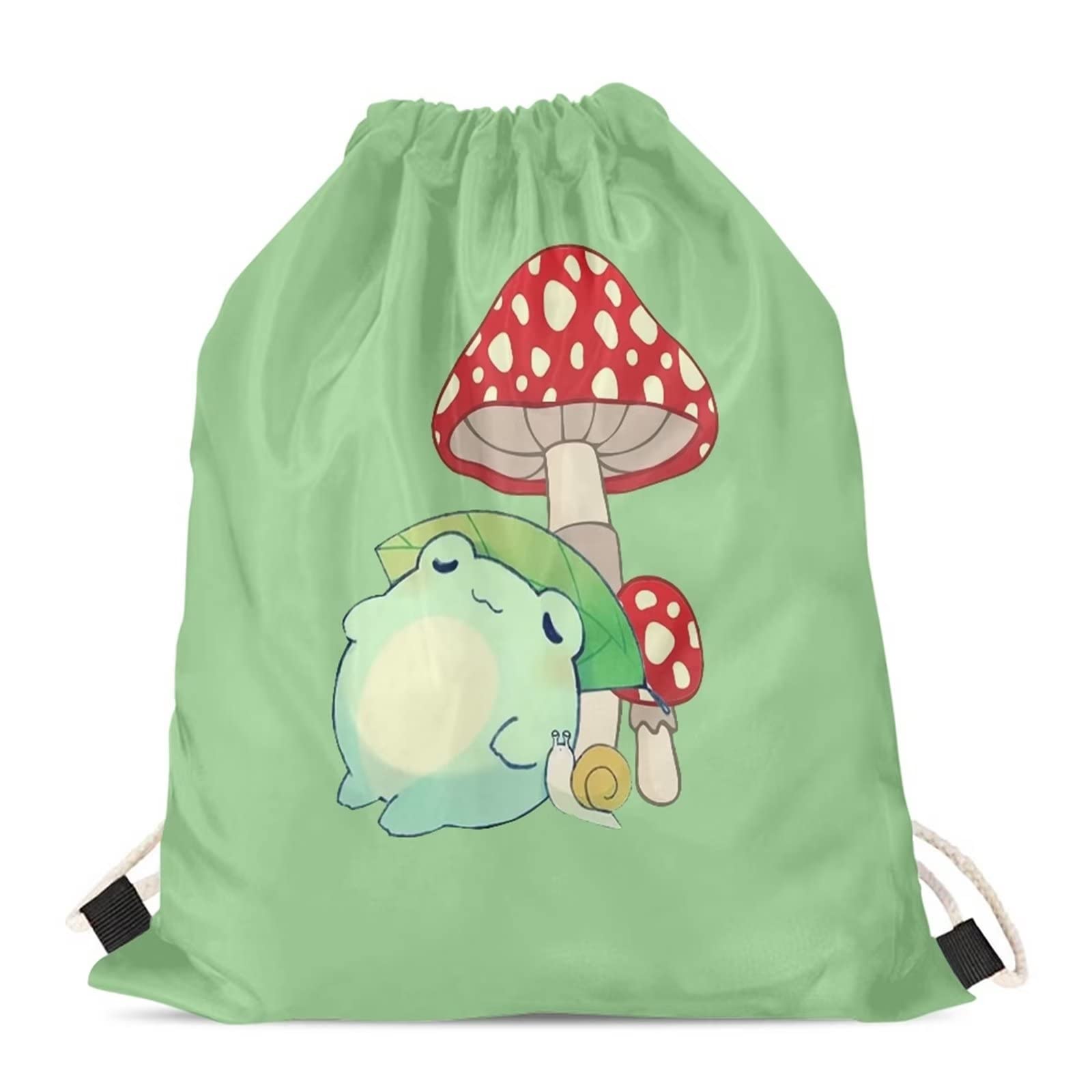 Mushroom Frog Drawstring Backpack - Lightweight Foldable Storage Sack for Outdoor Hiking, Beach, Gym & Travel | Waterproof Green Purse Gift for Women & Girls | Perfect for Camping, Yoga & Daily Use