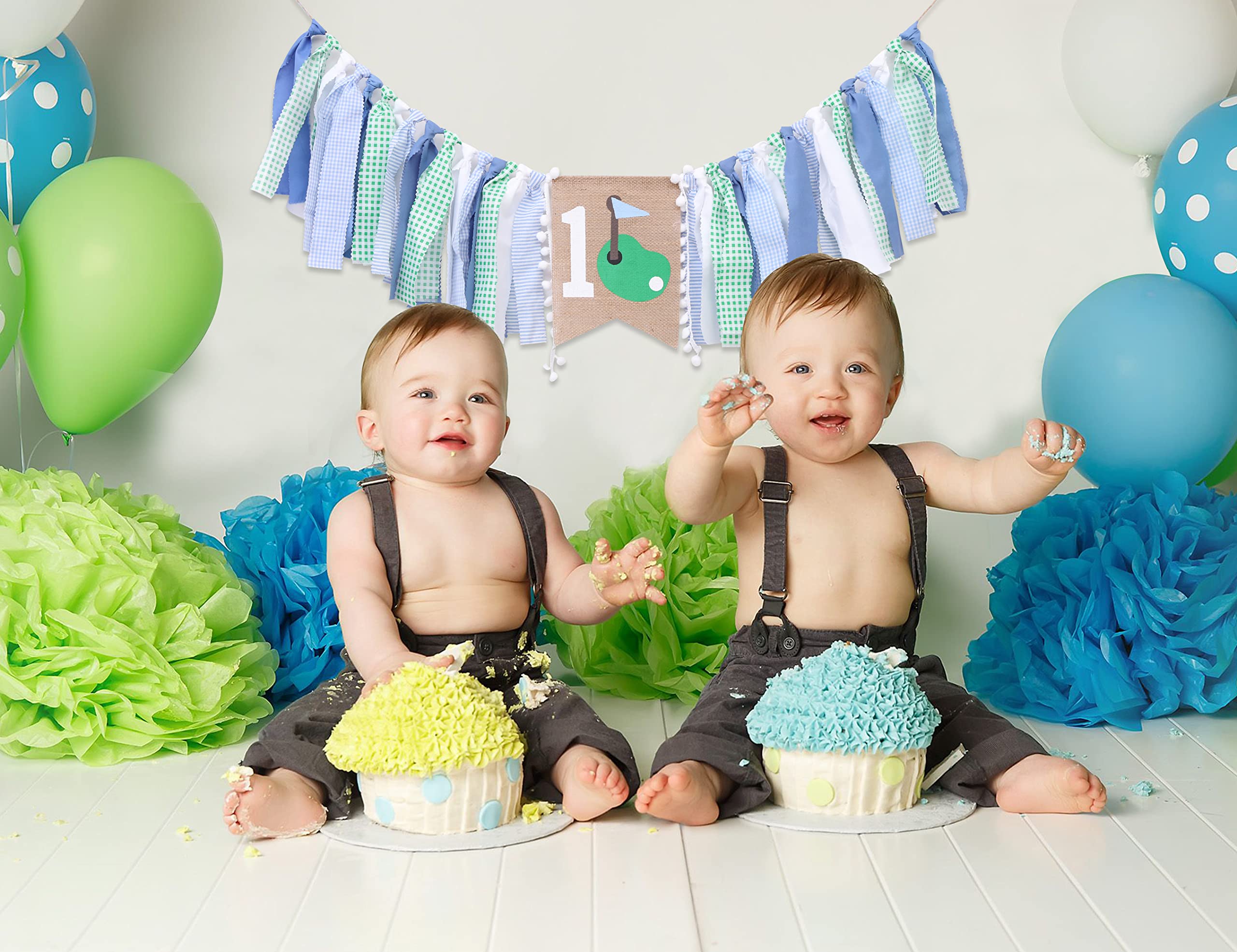 1st Birthday Highchair Banner - Golf Theme Party Decorations for Girls & Boys | Green & Blue Rag Garland Banner for First Birthday, Cake Smash Photos & Fore Par-tee Celebrations | Perfect for Golf-Themed 1st Birthday Parties, Highchair Decor & Photo Backdrops