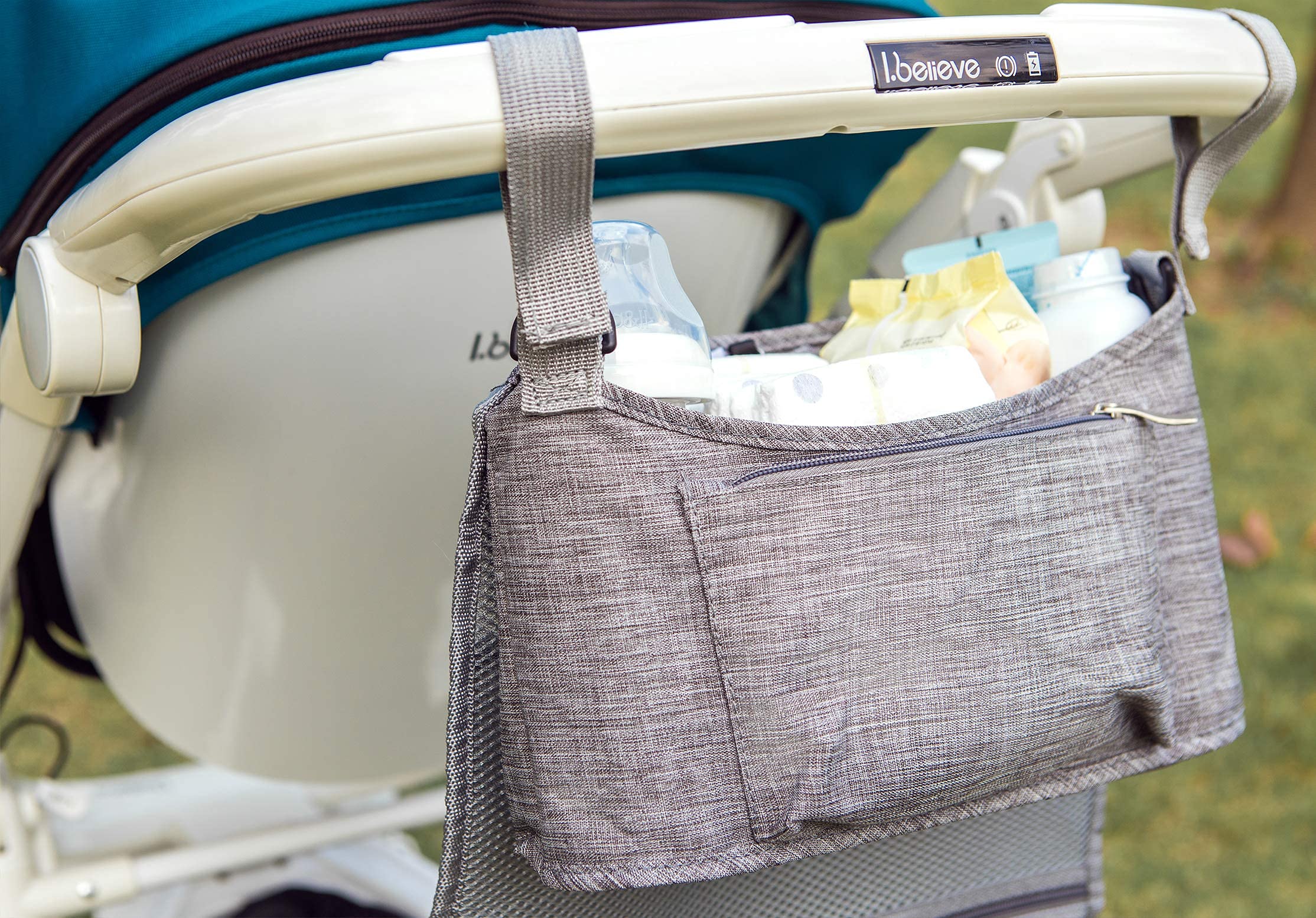 Simple Being Universal Baby Stroller Organizer - Grey Storage Bag with Multiple Compartments for Diapers, Bottles & Essentials | Perfect for Travel, Walks & Daily Parenting Needs