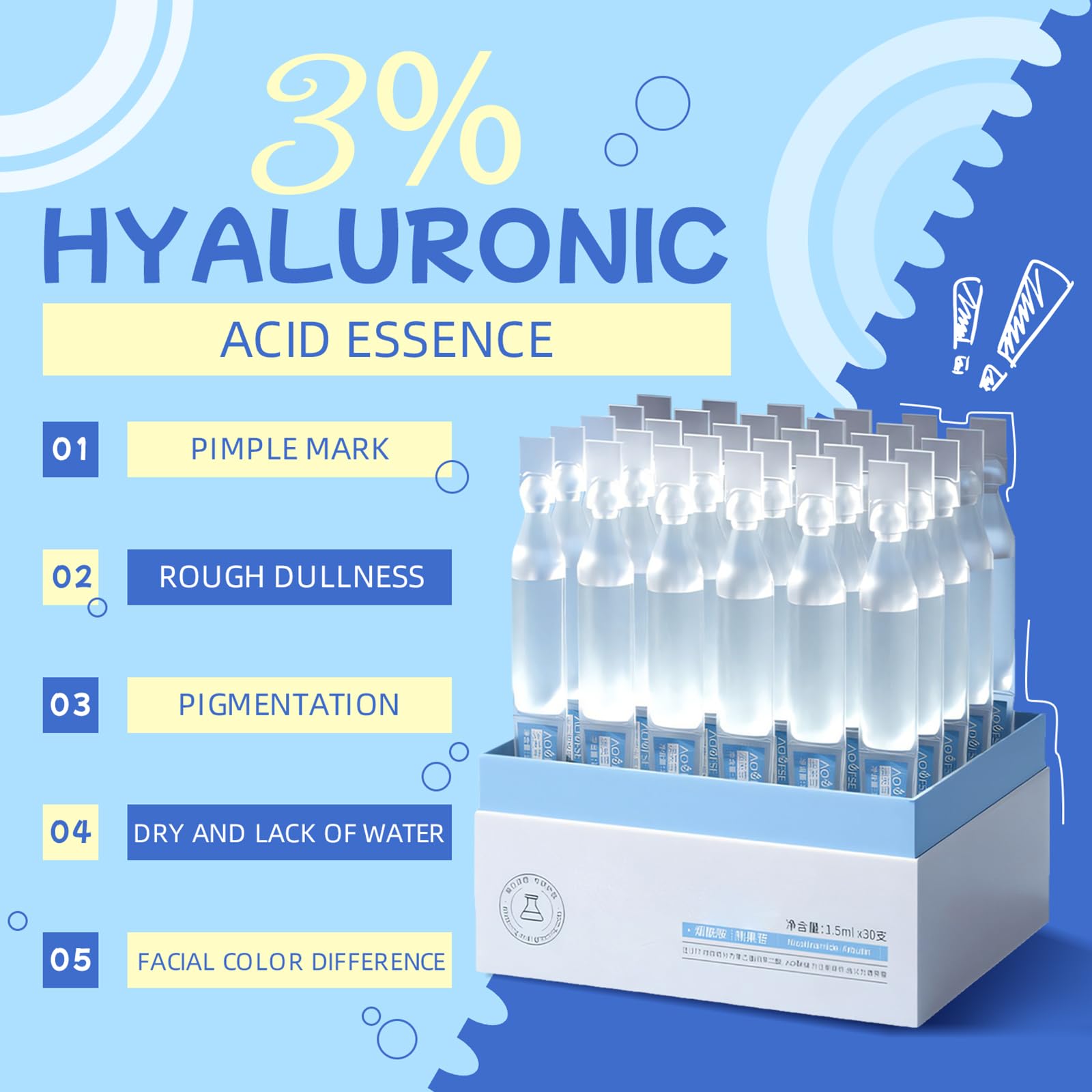 Hyaluronic Acid Serum 3% - Ultra Hydrating Facial Serum (30 Vials/Box) for Dry Skin, Wrinkles & Fine Lines - Daily Moisturizing Treatment for Face & Neck