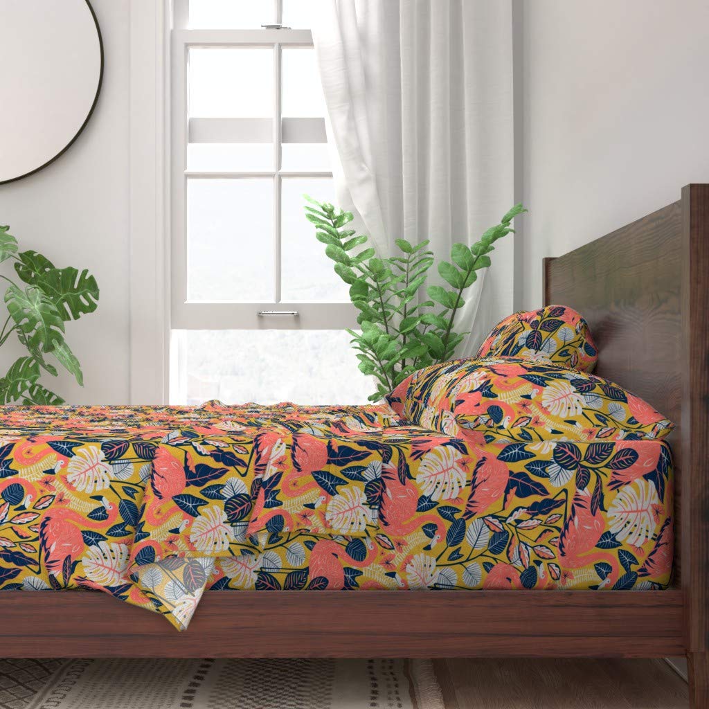 100% Cotton King Size 4-Piece Sheet Set - Coral Flamingo Tropical Mustard Gold Summer Beach Palms Monstera Plant Print Custom Bedding | Soft Breathable Bed Sheets for Summer, Beach House Decor & Tropical Themed Bedroom