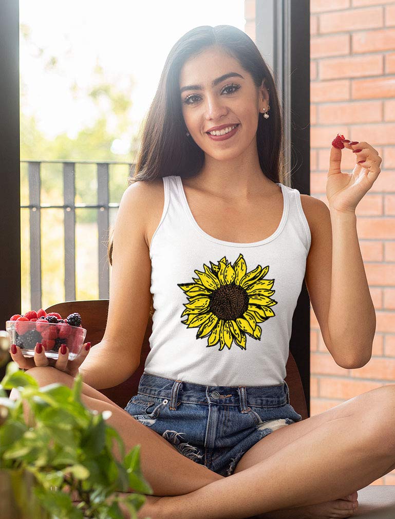 Women's Cute Sunflower Print Racerback Tank Top - Summer Casual Sleeveless Shirt for Girls | Perfect for Beach Outings, Music Festivals & Summer Vacations