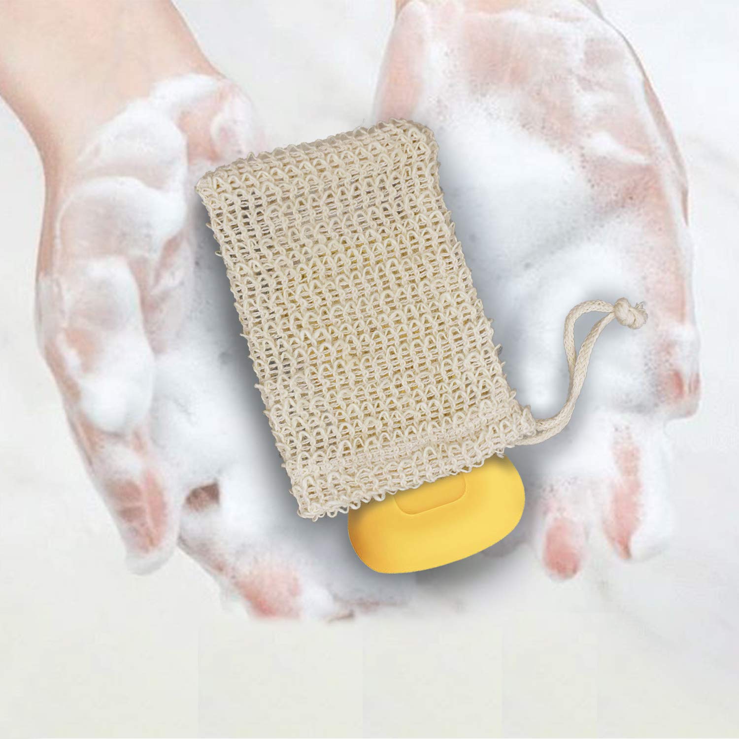 Natural Exfoliating Soap Bag with Drawstring & Wooden Bead Holder - Loofah Pouch for Shower & Bath - Organic Soap Saver for Spa, Travel & Eco-Friendly Skincare