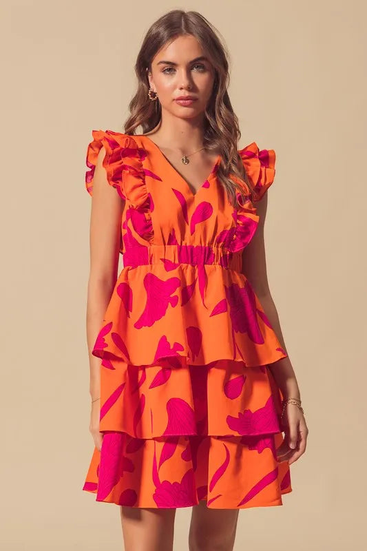 Stylish Orange Layered Resort Dress with Elastic Waist - Perfect for Beach Vacations, Summer Parties & Tropical Getaways