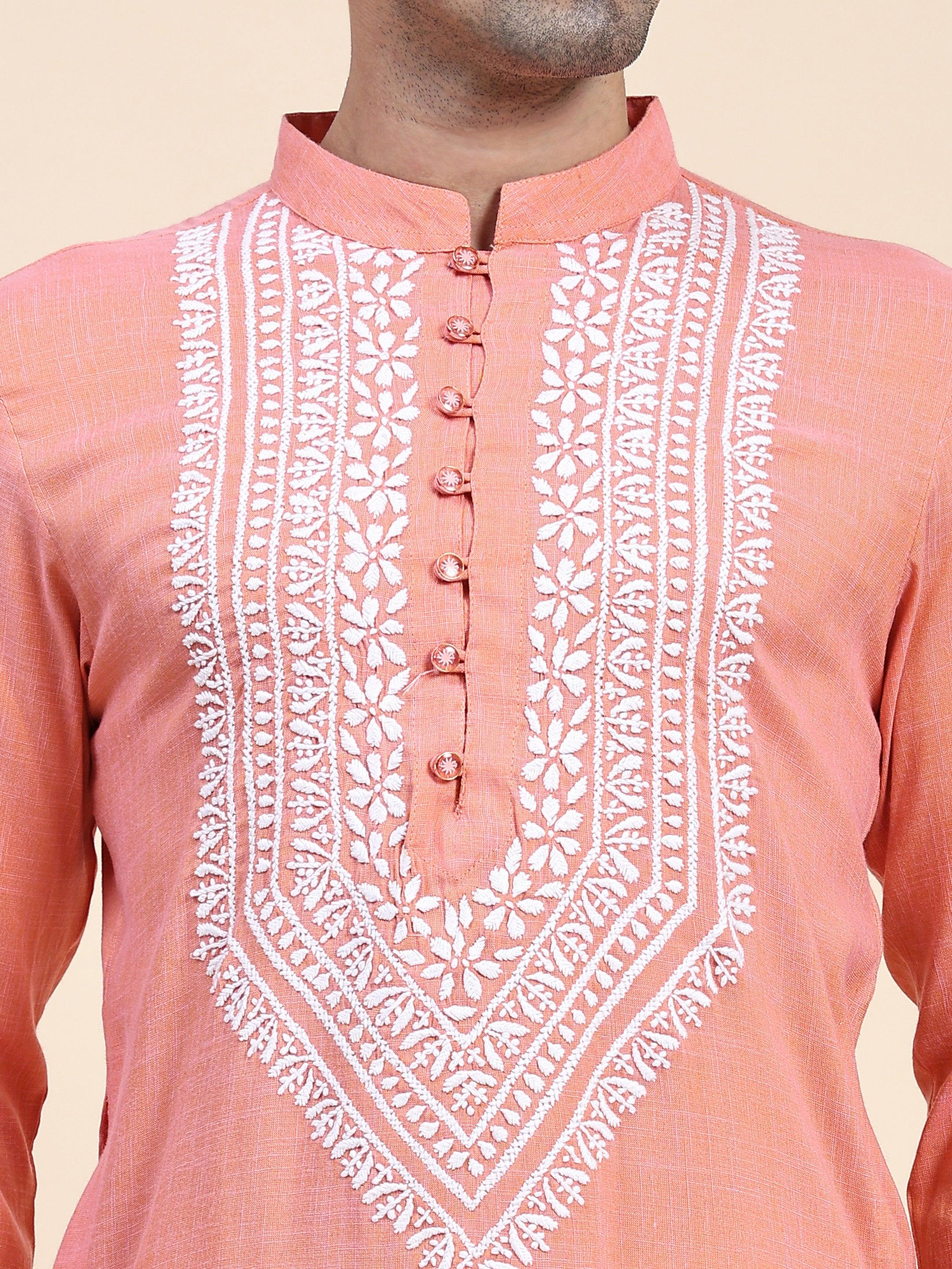 HOK Men's Chikankari Kurta - Cotton Silk Blend Peach Color Traditional Indian Tunic for Festivals, Weddings & Casual Wear