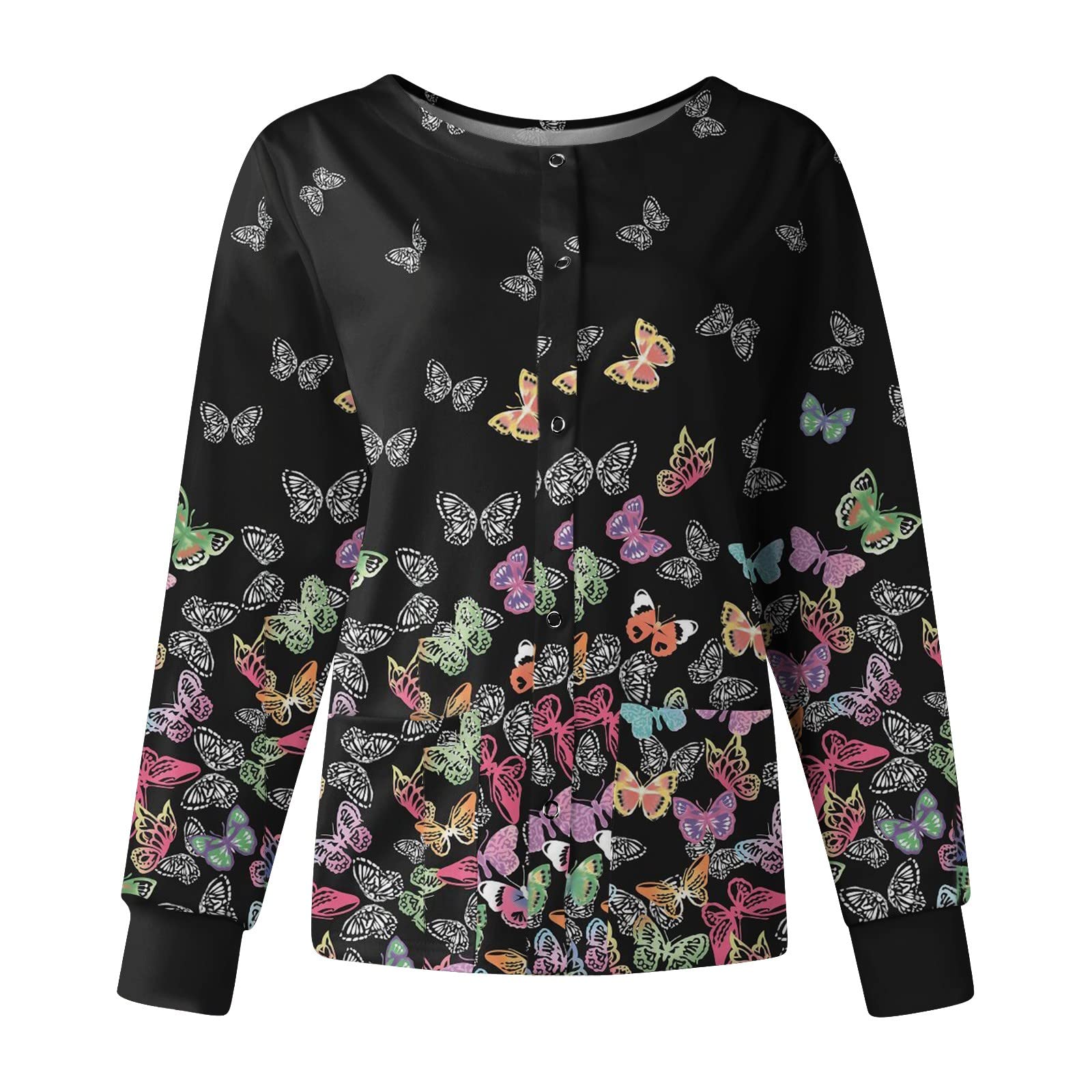 Women's Printed Scrubs Jacket - Snap Front Cute Animal Pattern Long Sleeve Medical Uniform Top for Nurses & Healthcare Workers | Comfortable Workwear for Hospitals & Clinics