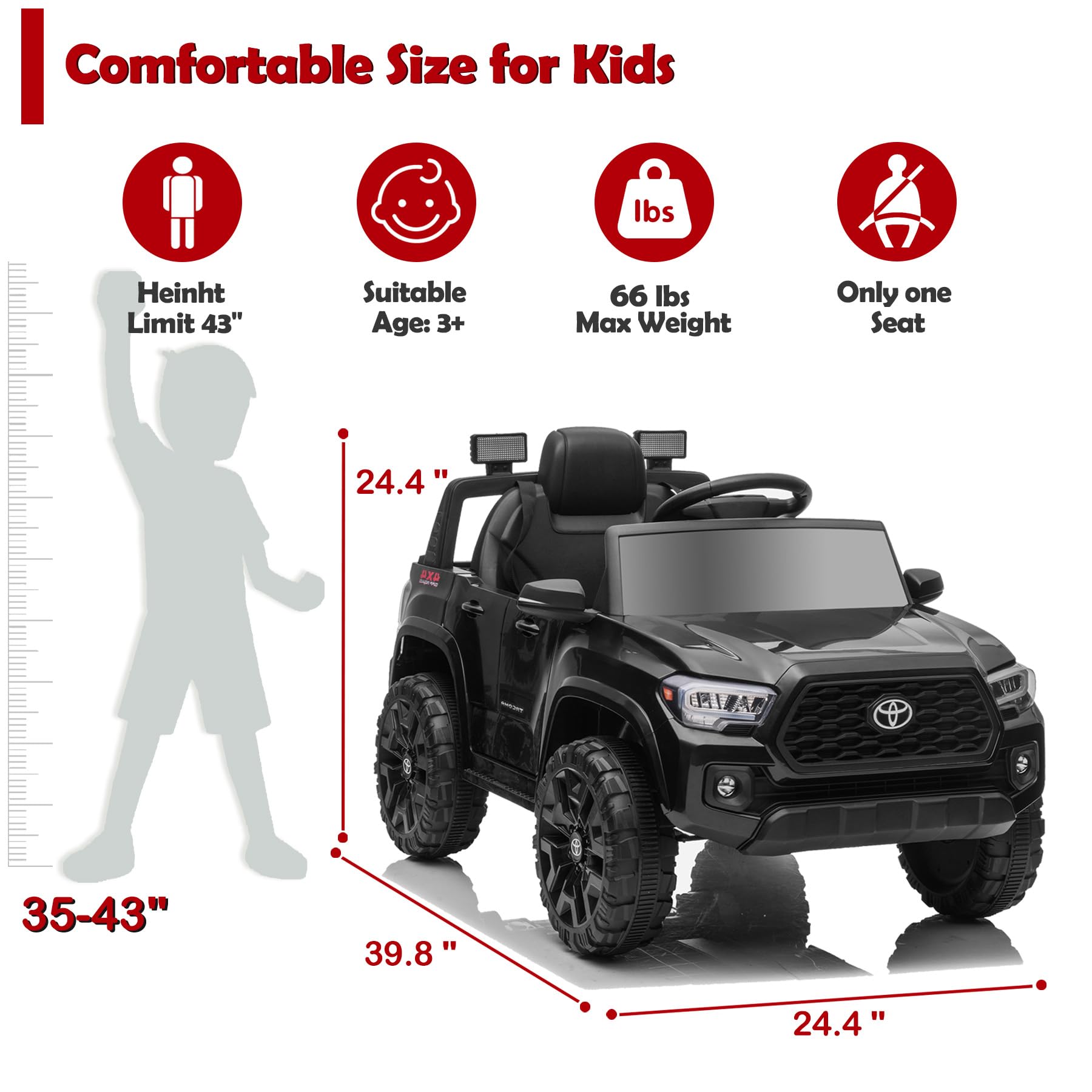 Toyota Tacoma Licensed 12V Kids Ride-On Truck - Battery-Powered Electric Car with Remote Control, 3 Speed Settings, Spring Suspension, Music & FM Radio - Perfect for Outdoor Play, Birthday Gifts & Toddler Pretend Driving (Black)