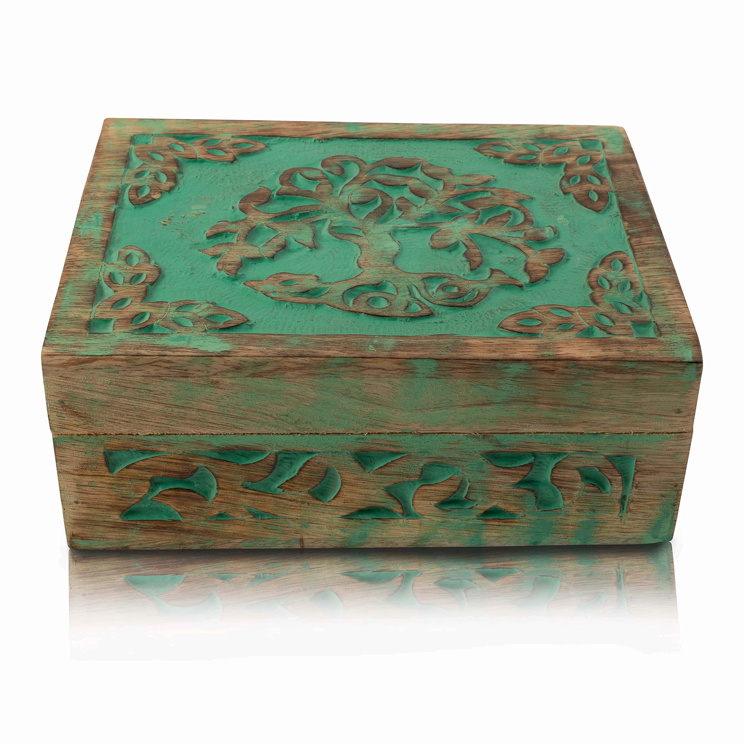 Handmade Wooden Jewelry Box with Tree of Life Carving - Decorative Jewelry Organizer, Keepsake Box, Watch Storage & Trinket Holder - Perfect for Birthday, Housewarming Gifts & Home Décor (Green)