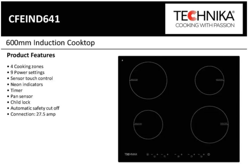 Technika CFEIND641 60cm 4 Zone Induction Cooktop - Fast Heating Electric Stove for Home Kitchen | Perfect for Cooking, Boiling & Frying