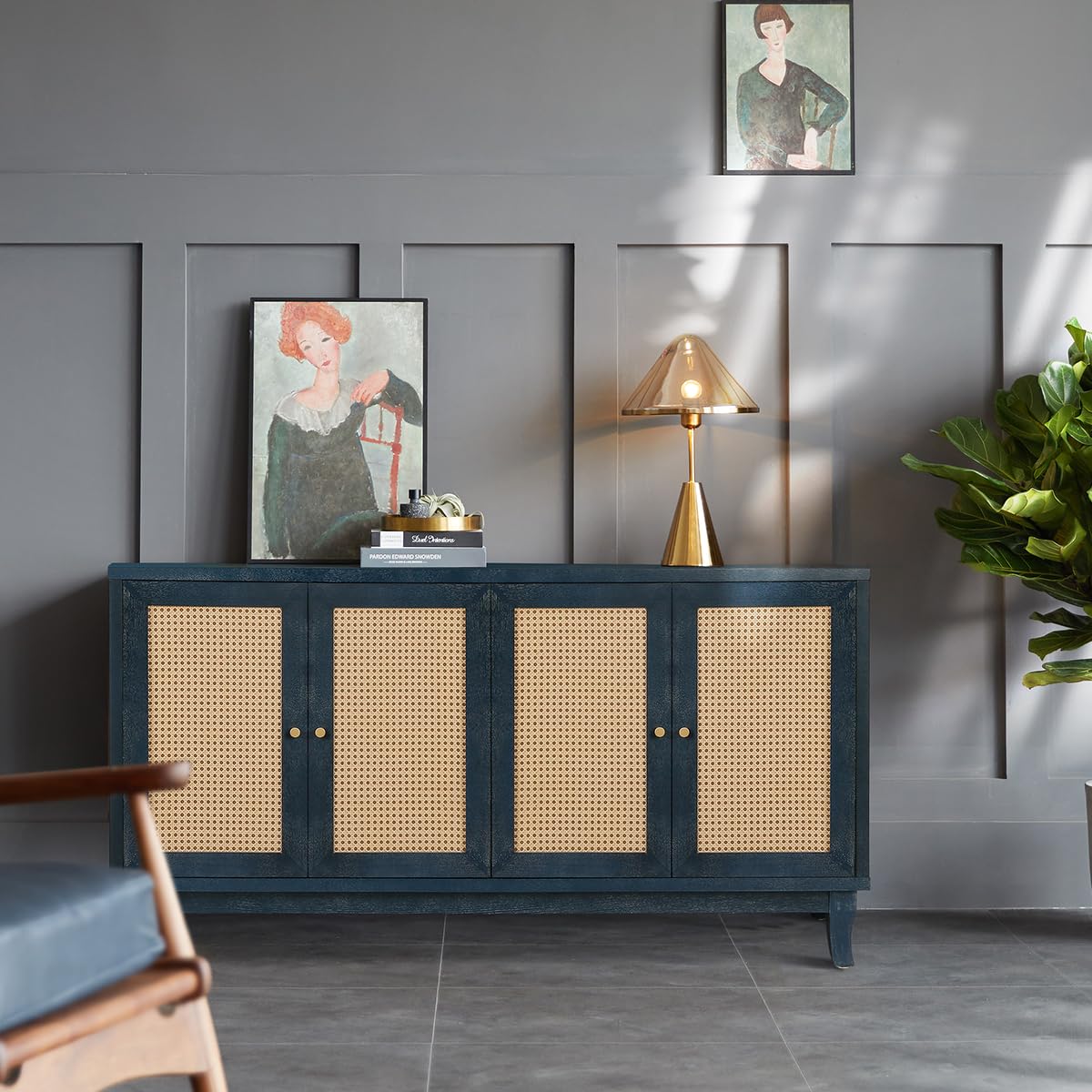 Modern Rattan Sideboard Buffet Cabinet with 4 Woven Doors - Adjustable Shelves Storage Console Table for Living Room, Dining Room & Hallway - Antique Blue Accent Furniture for Farmhouse & Coastal Decor