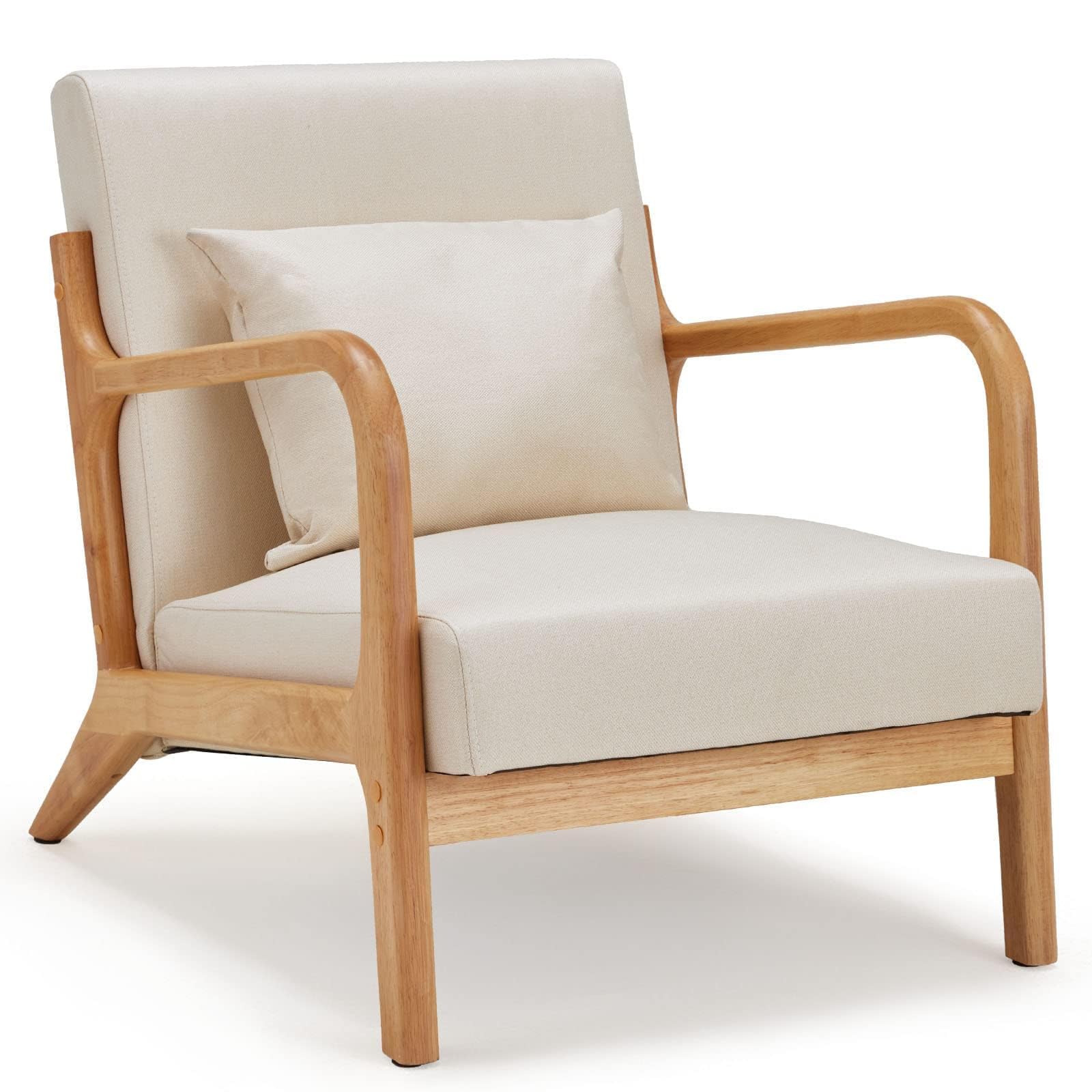 Esright Mid Century Modern Accent Chair - Solid Wood Frame, Upholstered Small Side Chair for Living Room & Bedroom - Comfortable Lounge Reading Armchair in Beige | Perfect for Small Spaces, Home Office & Cozy Corners