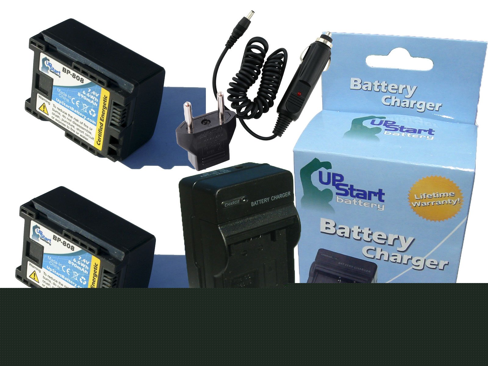 2 Pack Replacement Battery & Charger for Canon FS30 BP-808 Digital Camcorder - 890mAh 7.4V Li-ion Battery with Car/EU Adapters - Perfect for Travel, Vlogging & Home Video Recording