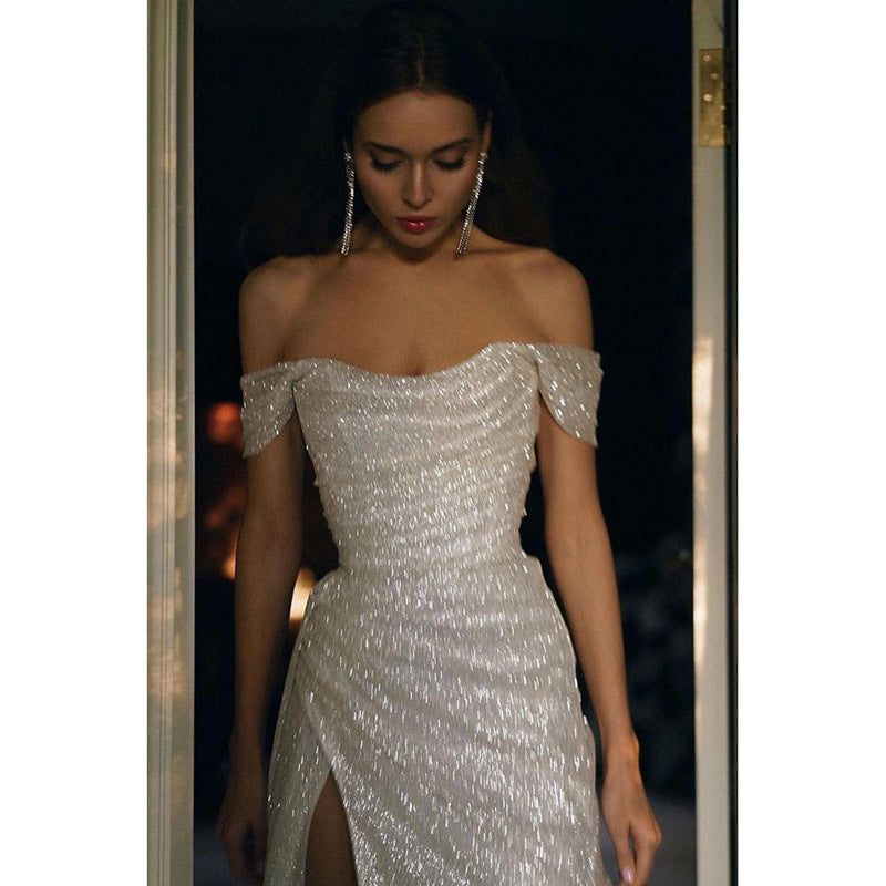 Elegant Off Shoulder Shiny Long Prom Dress with High Slit - Formal Evening Gown for Women - Perfect for Homecoming, Prom Night, and Special Occasions