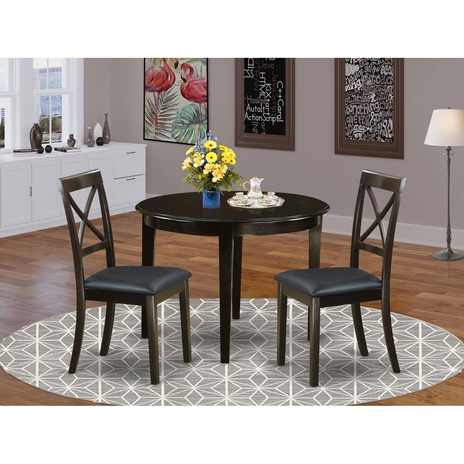 Modern 3-Piece Dining Table Set with Round Kitchen Table & 2 Faux Leather Chairs - 42x42 Inch Cappuccino - Perfect for Small Spaces, Breakfast Nooks & Contemporary Dining Rooms