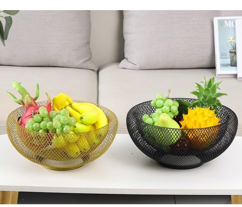 12 Inch Black Metal Mesh Fruit Bowl - Decorative Kitchen Counter & Dining Table Candy Dish Holder for Fruits, Snacks, Office Decor | Rustic Home & Party Serving Tray