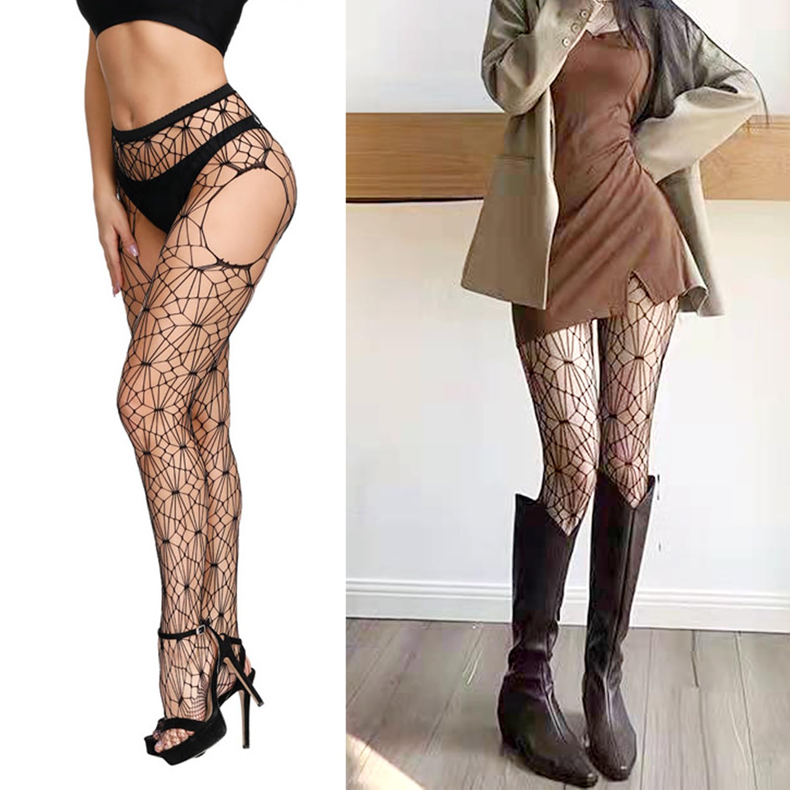SOUTHRO 5 Pairs Fishnet Thigh High Stockings with Garter Belt Set - Sexy Patterned Tights & Suspender Pantyhose for Women & Girls | Perfect for Halloween, Cosplay, Lingerie & Night Out Outfits