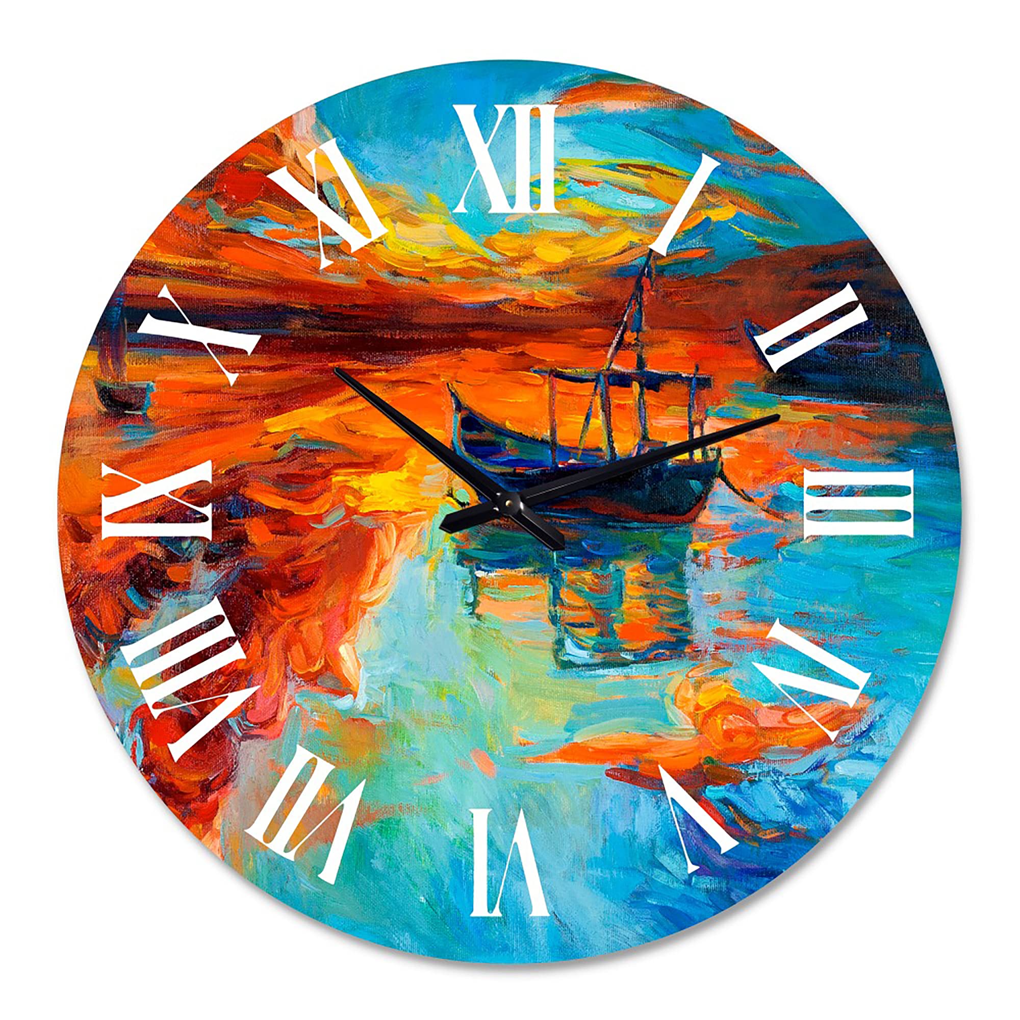 DesignQ Nautical Coastal Wall Clock - Boat Sunset Lake Scene Round Clock for Home Office Decor | Perfect for Beach House, Living Room & Coastal Style Interiors
