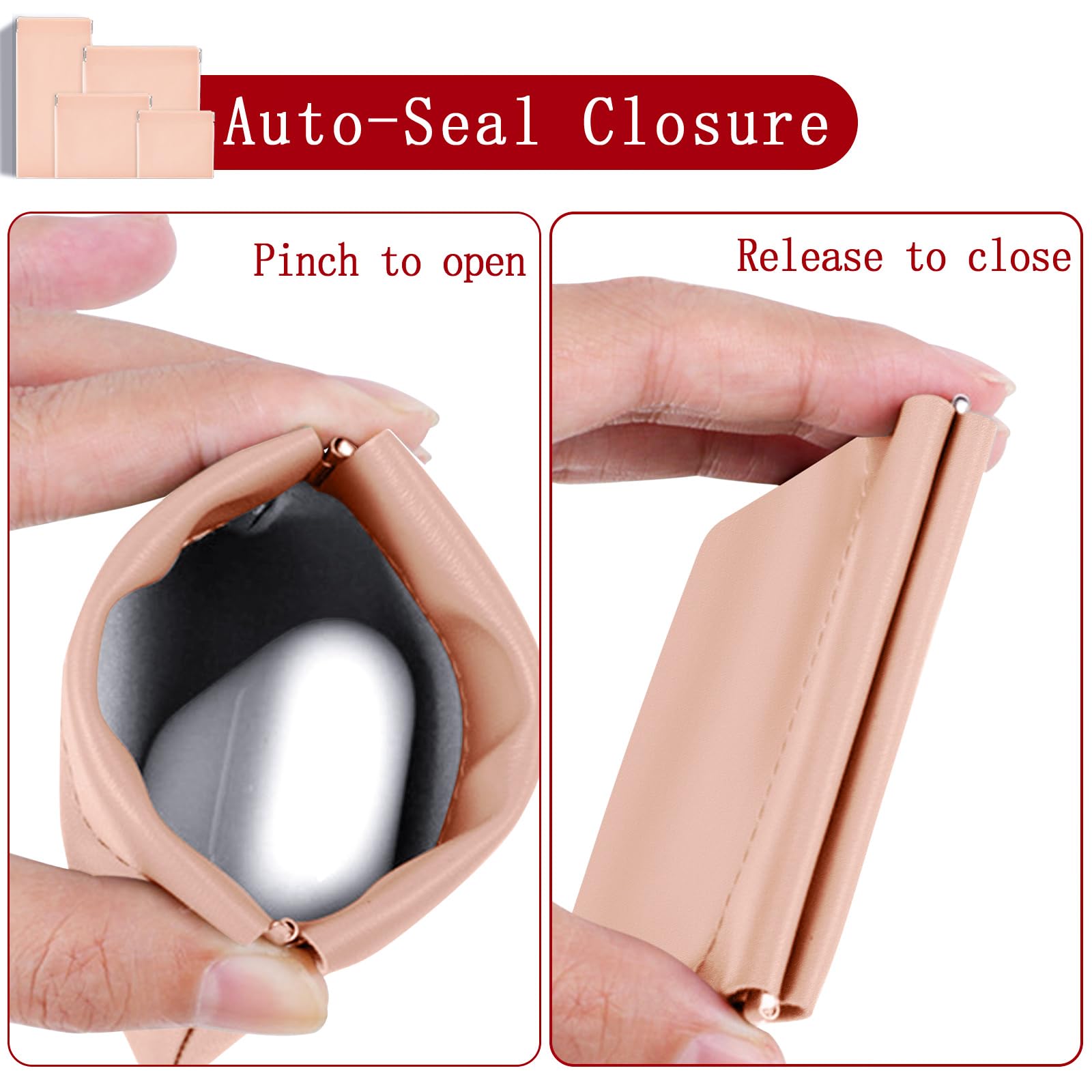 Self-Closing Makeup Pouch - Squeeze Top Cosmetic Bag with Snap Closure, 4 Sizes Portable No Zipper Organizer for Purse & Travel | Perfect for Cosmetics, Jewelry & Toiletries On-The-Go