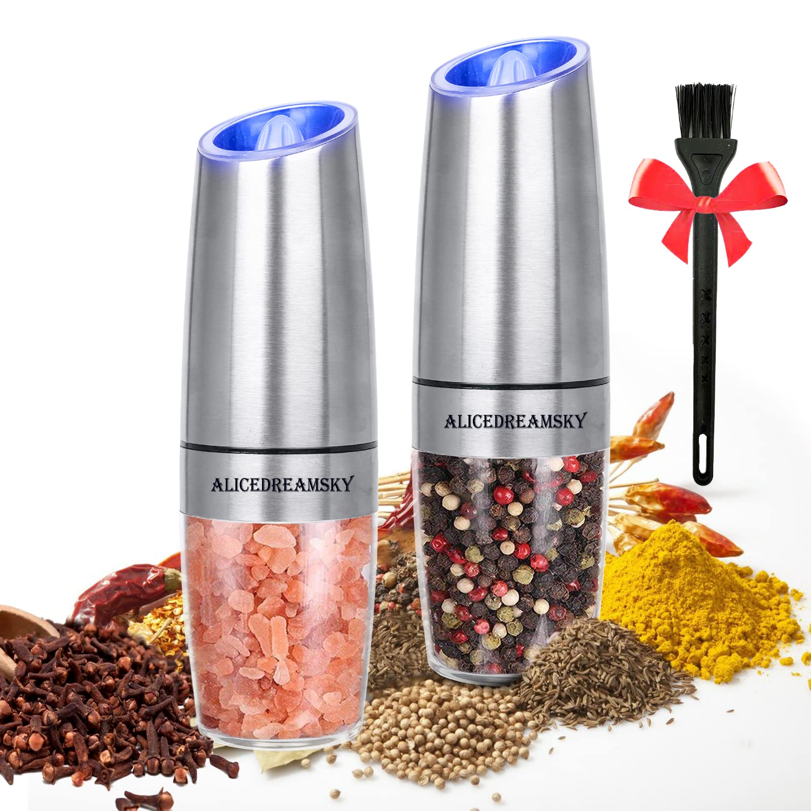 Premium Gravity Electric Salt and Pepper Grinder Set - Automatic Battery Powered Mill with Adjustable Coarseness & Blue LED Light - One Hand Operation (Silver, 2 Pack) - Perfect for Kitchen, Dining Table, Camping & Gifts