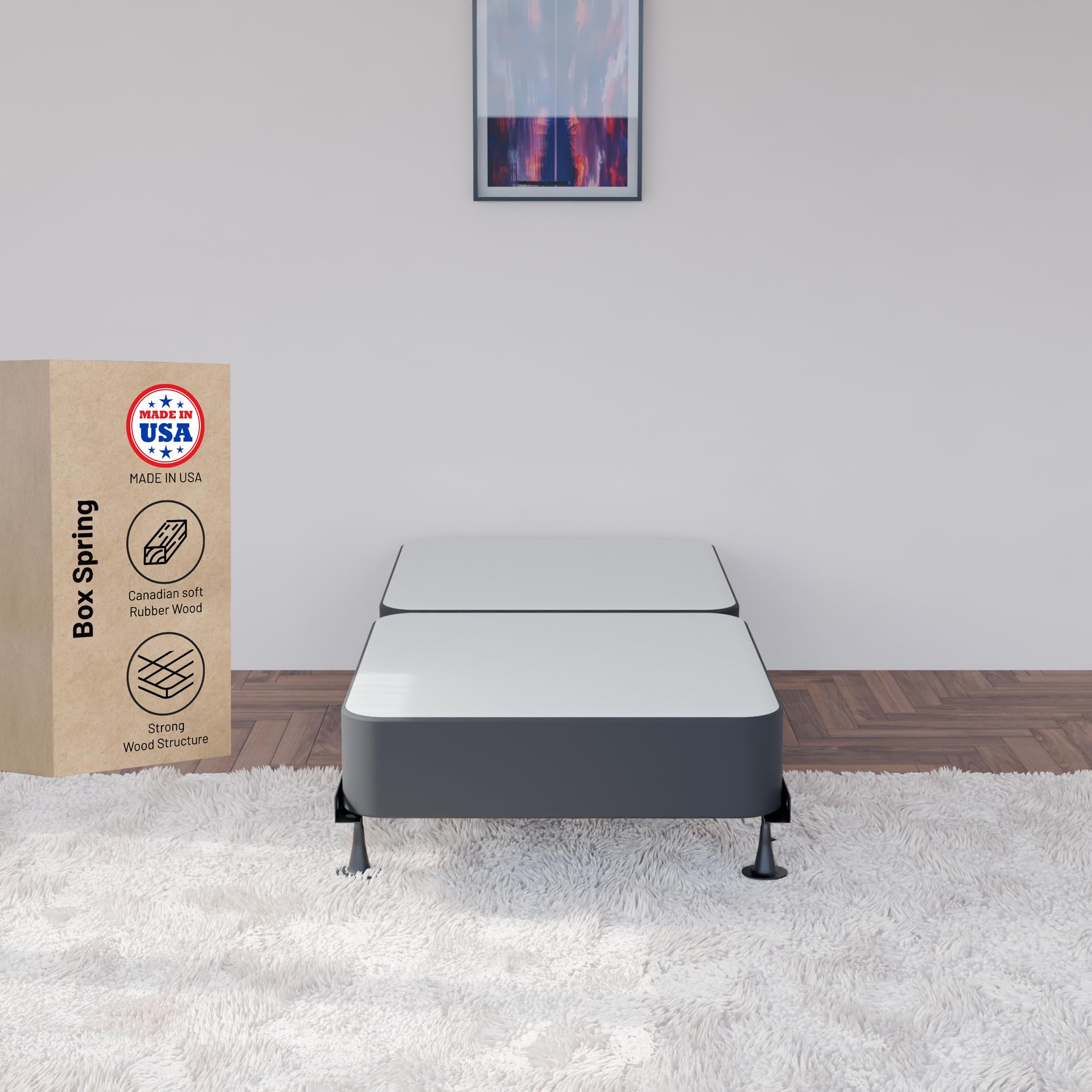 Greaton 8-Inch Sturdy Wood Box Spring for Mattress Support - Durable Fully Assembled Natural Wood Foundation for Twin XL, Black - Perfect for Bedroom, Guest Room, Dorm & RV Use